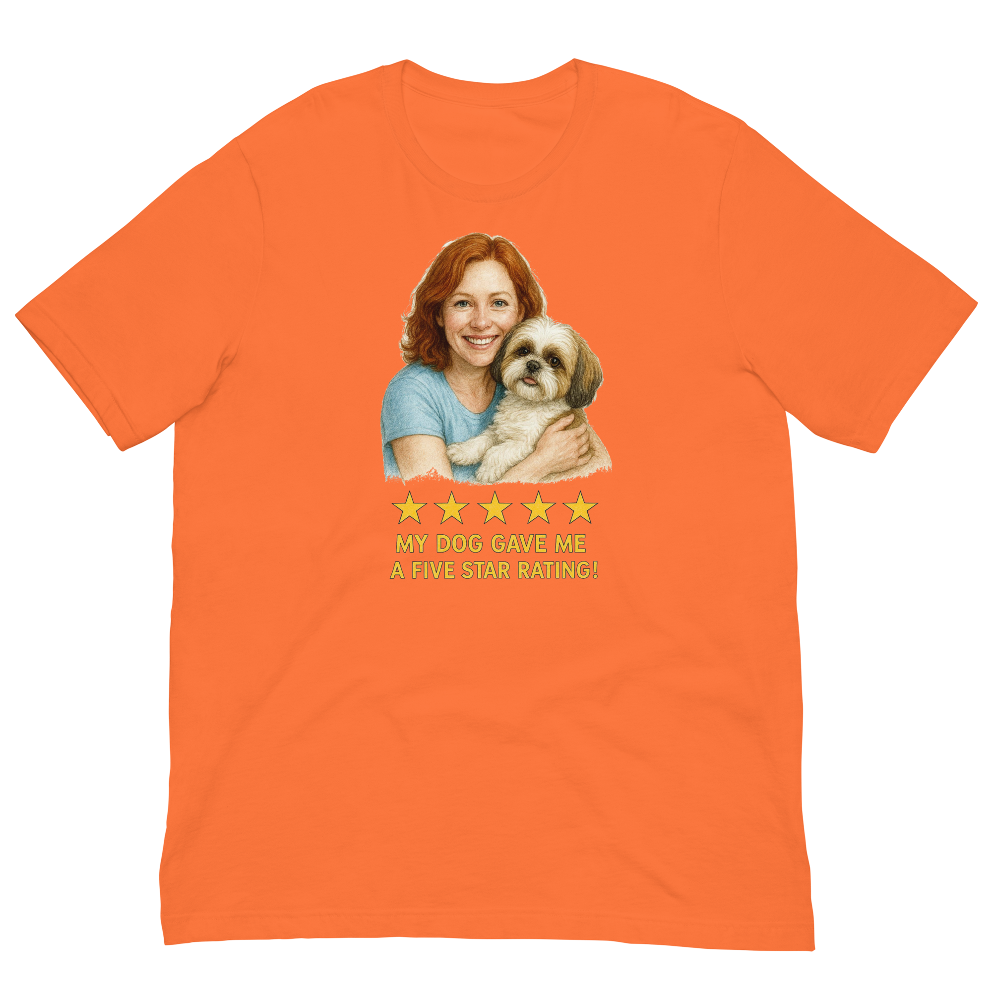 Red Hair Woman with Shih Tzu graphic tee.