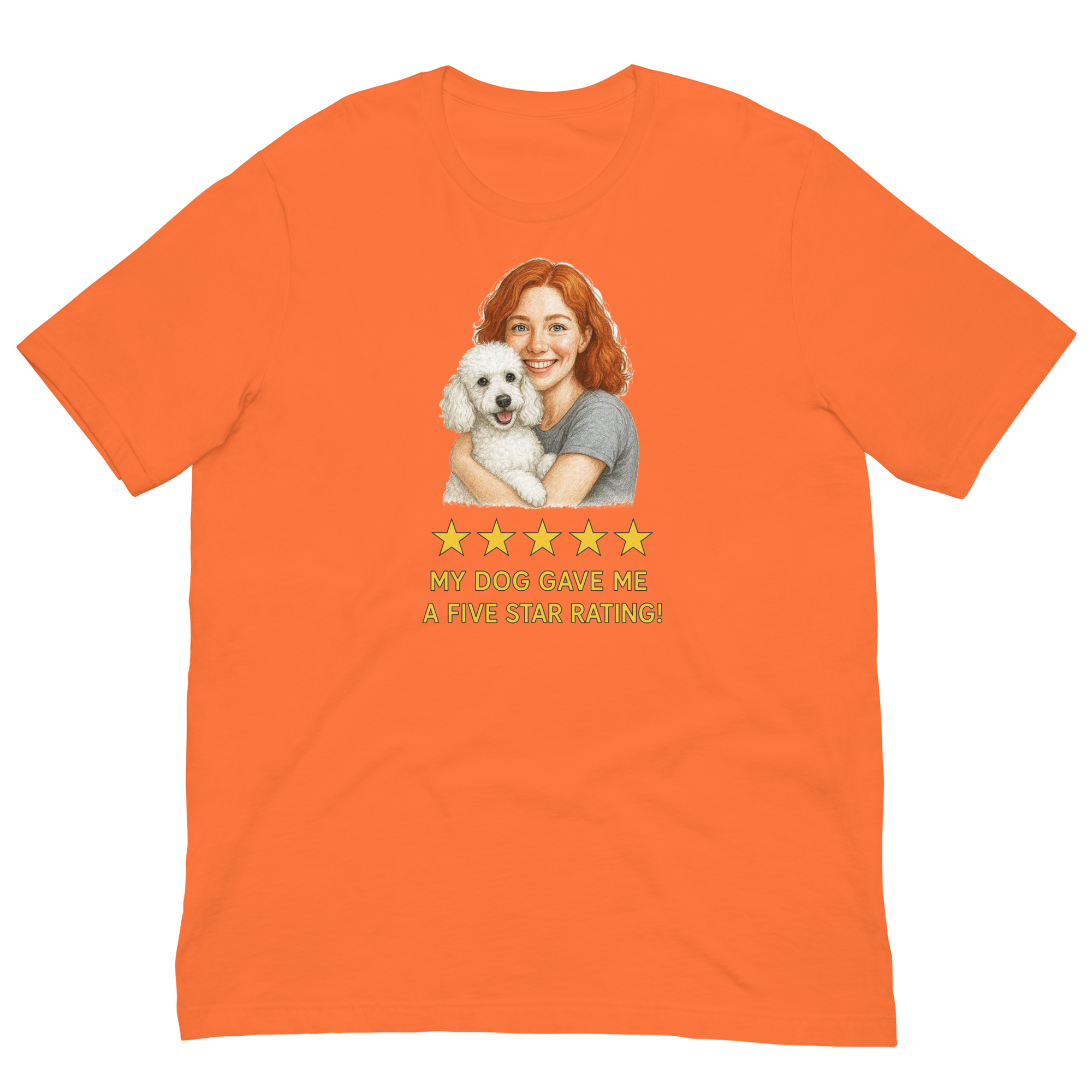 Red Hair Woman with White Poodle graphic tee.
