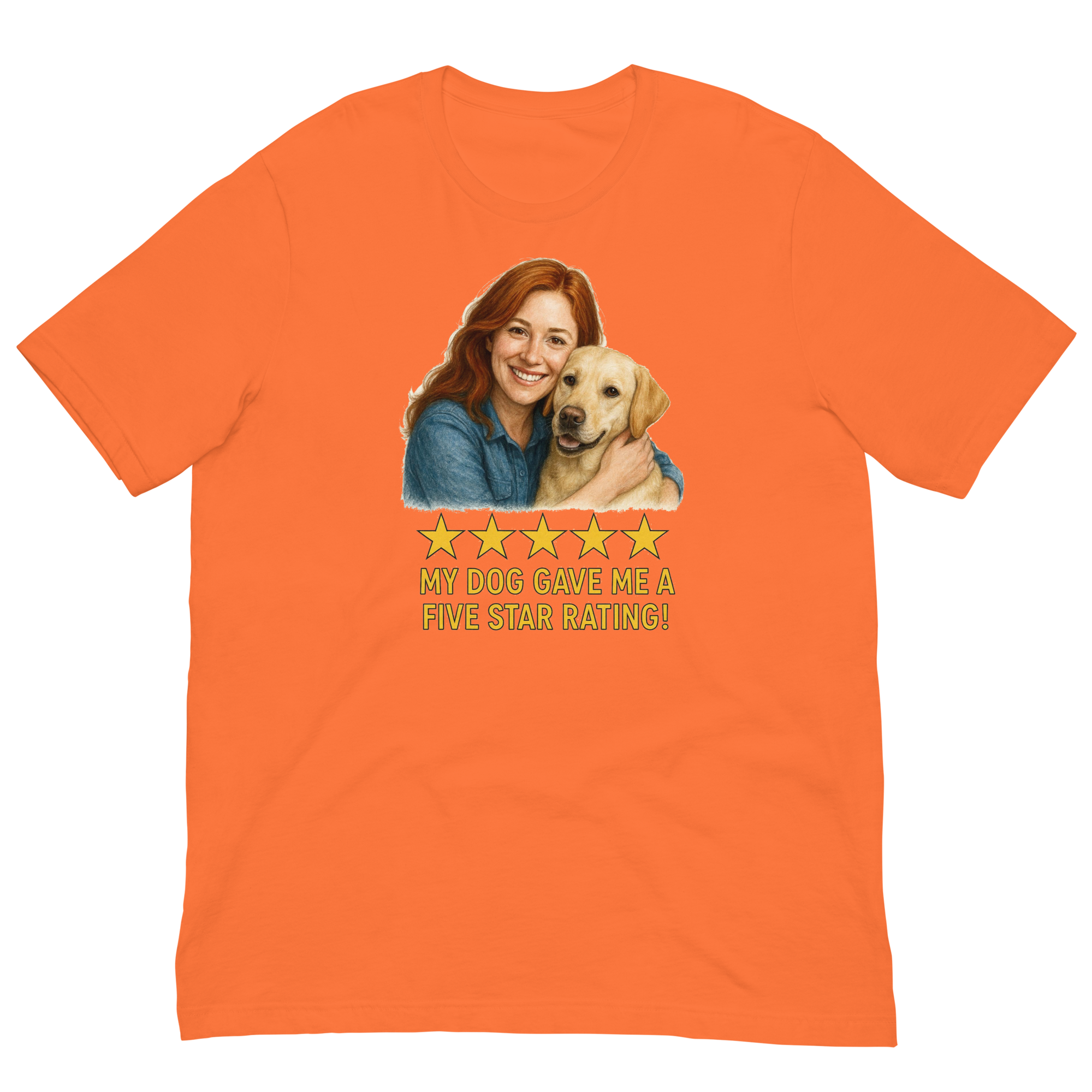 Red Hair Woman with Yellow Labrador graphic tee.