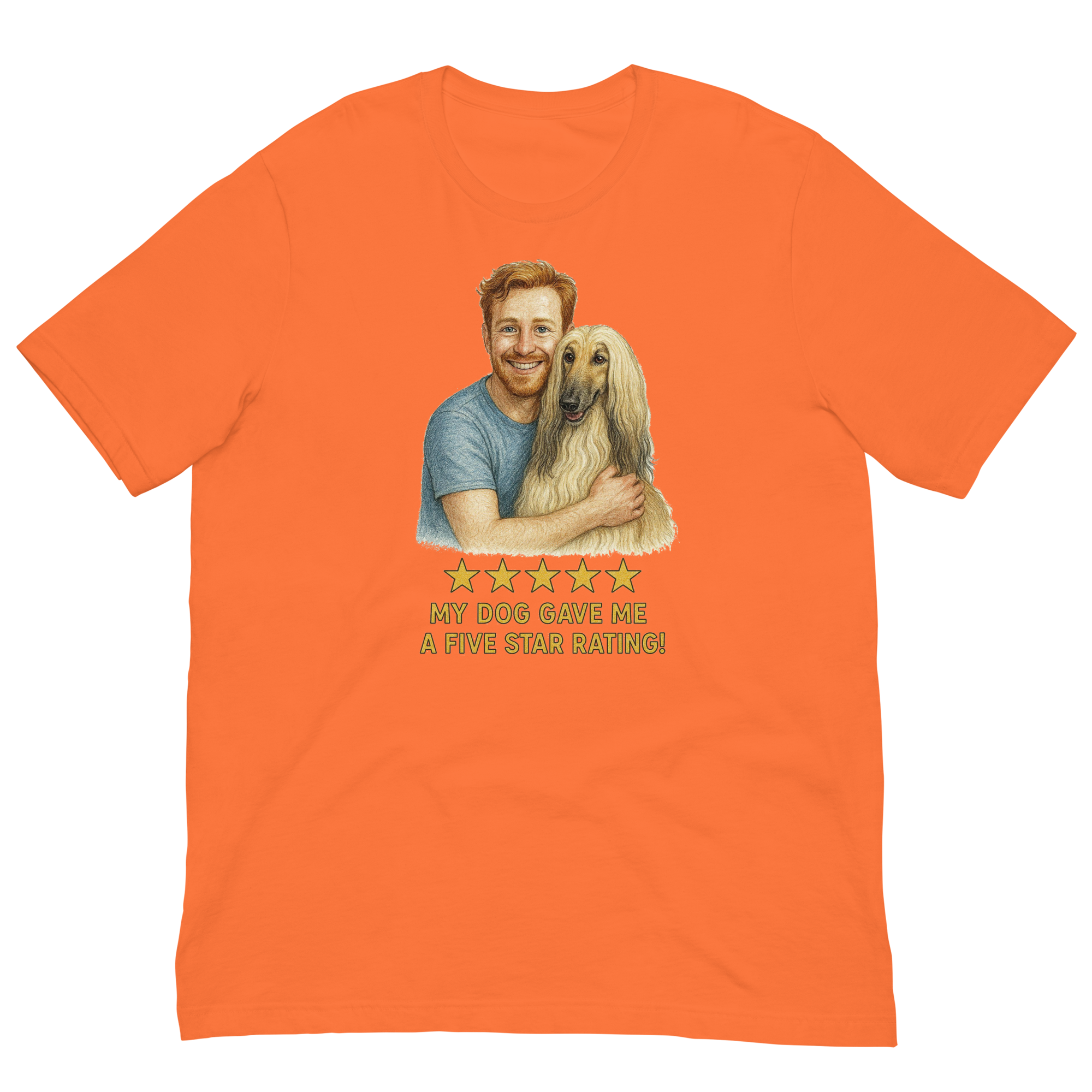 Red Hair Man with Afghan Hound graphic tee.