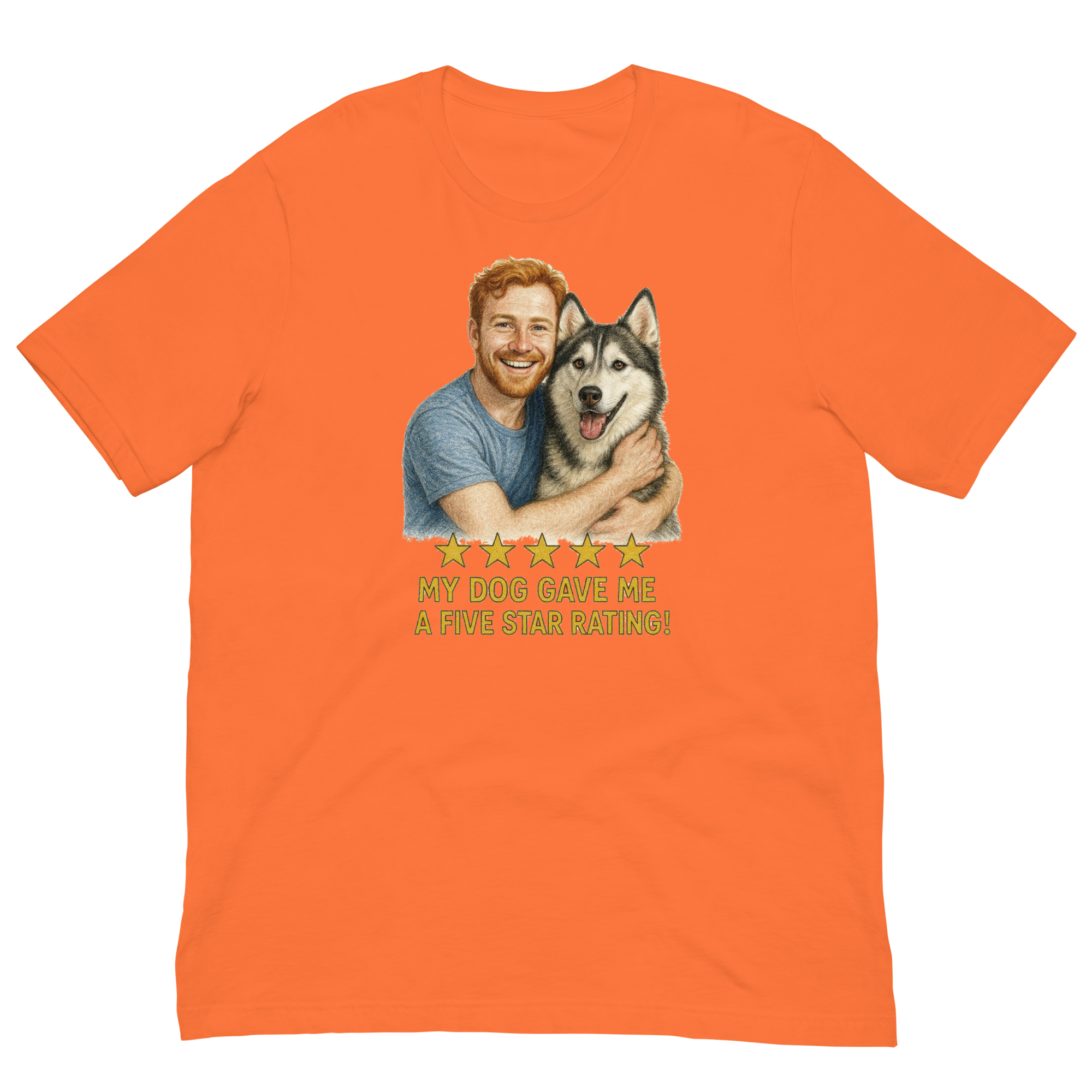 Red Hair Man with Alaskan Husky graphic tee.