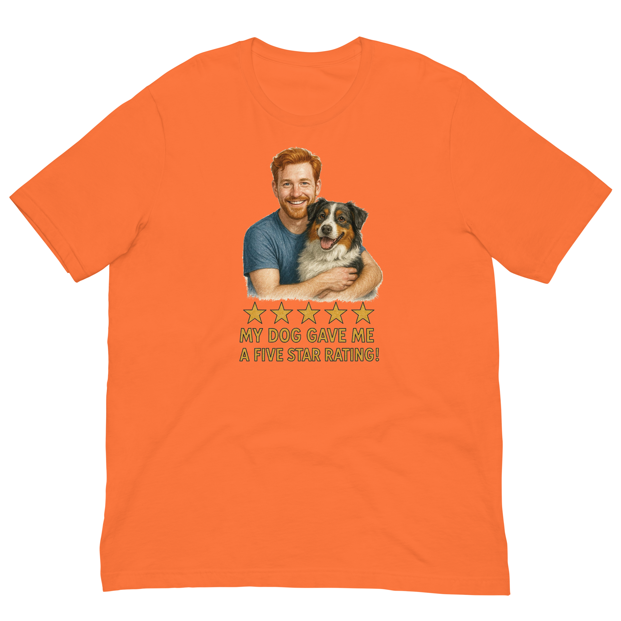 Red Hair Man with Australian Shepherd graphic tee.