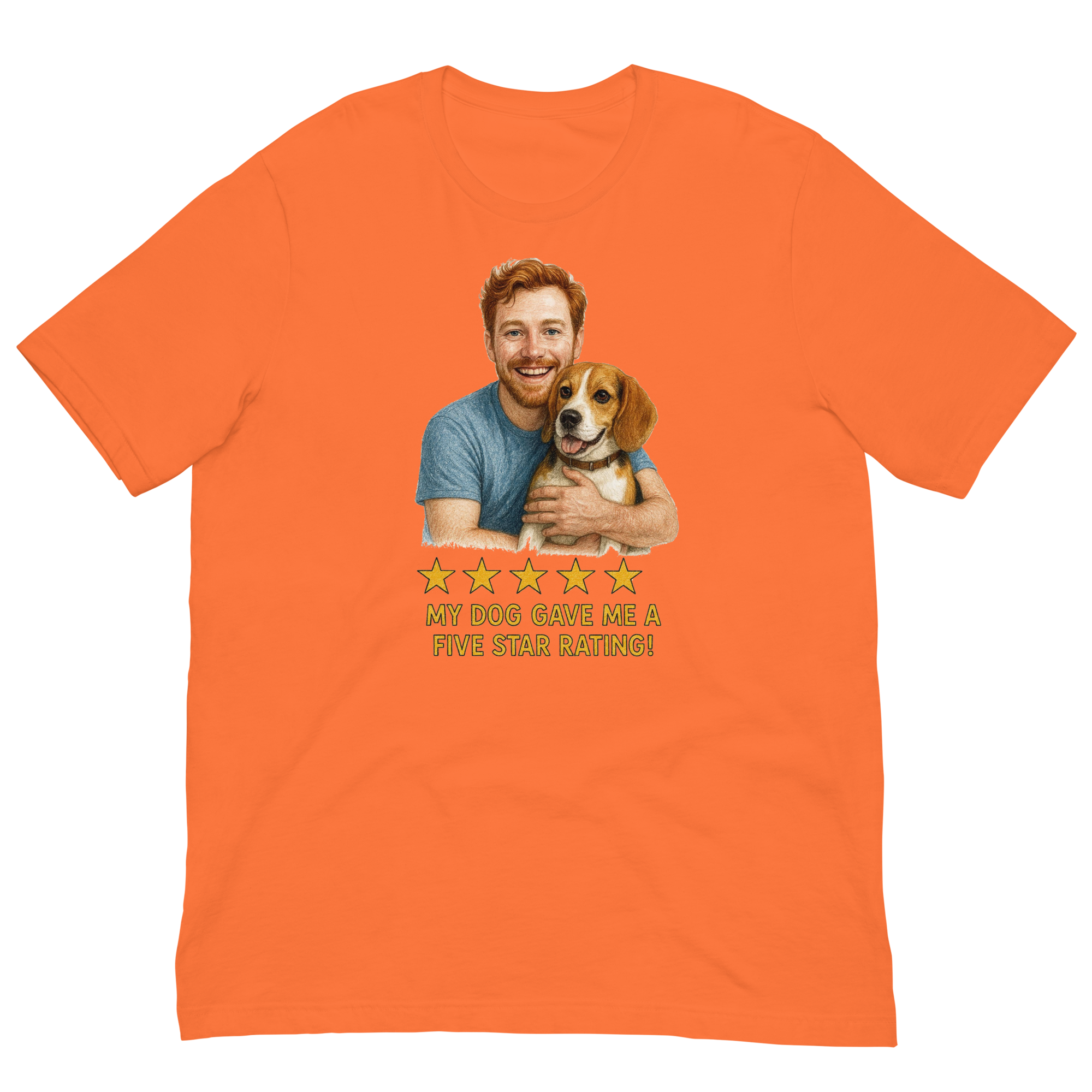 Red Hair Man with Beagle graphic tee.