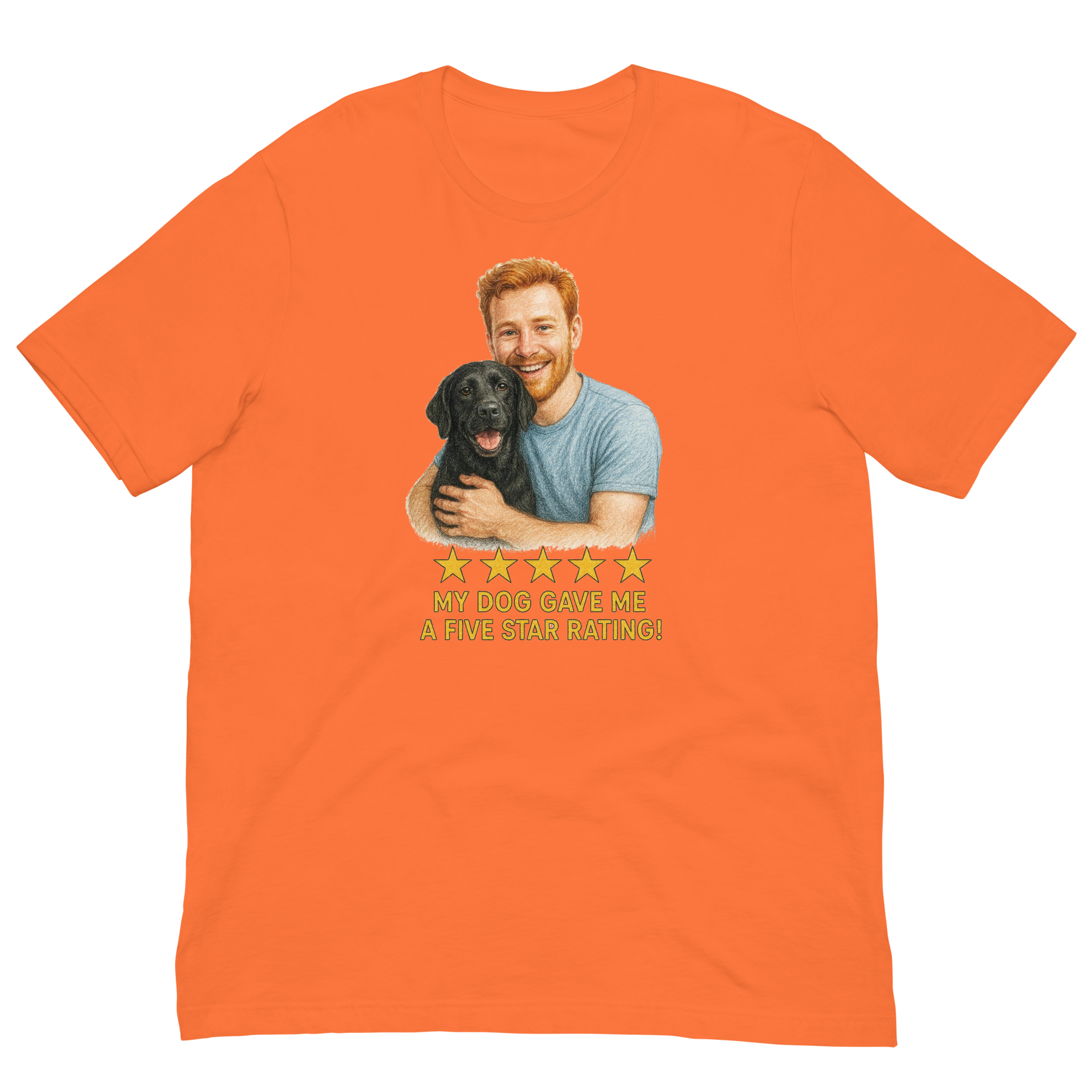Red Hair Man with Black Labrador graphic tee.