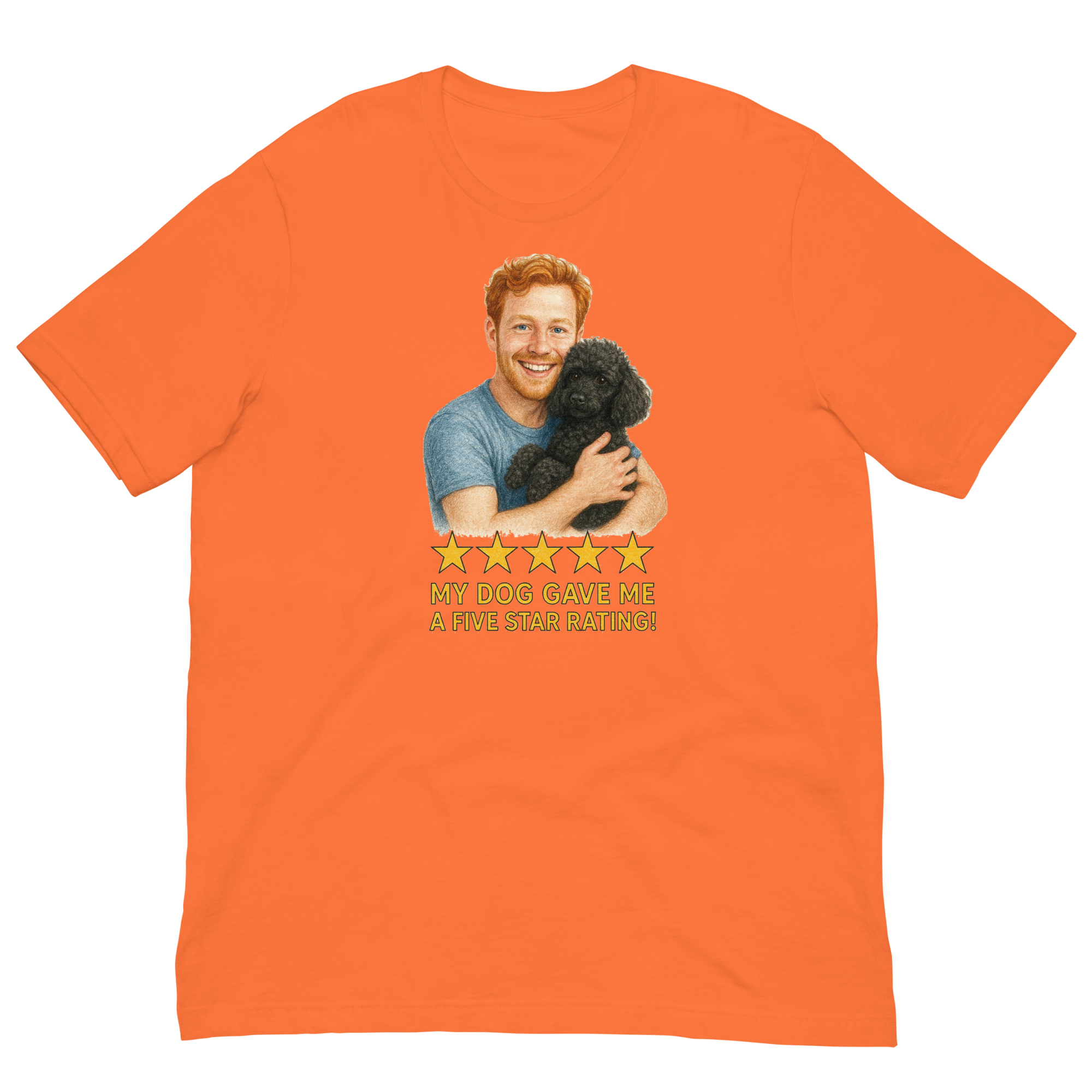 Red Hair Man with Black Poodle graphic tee.