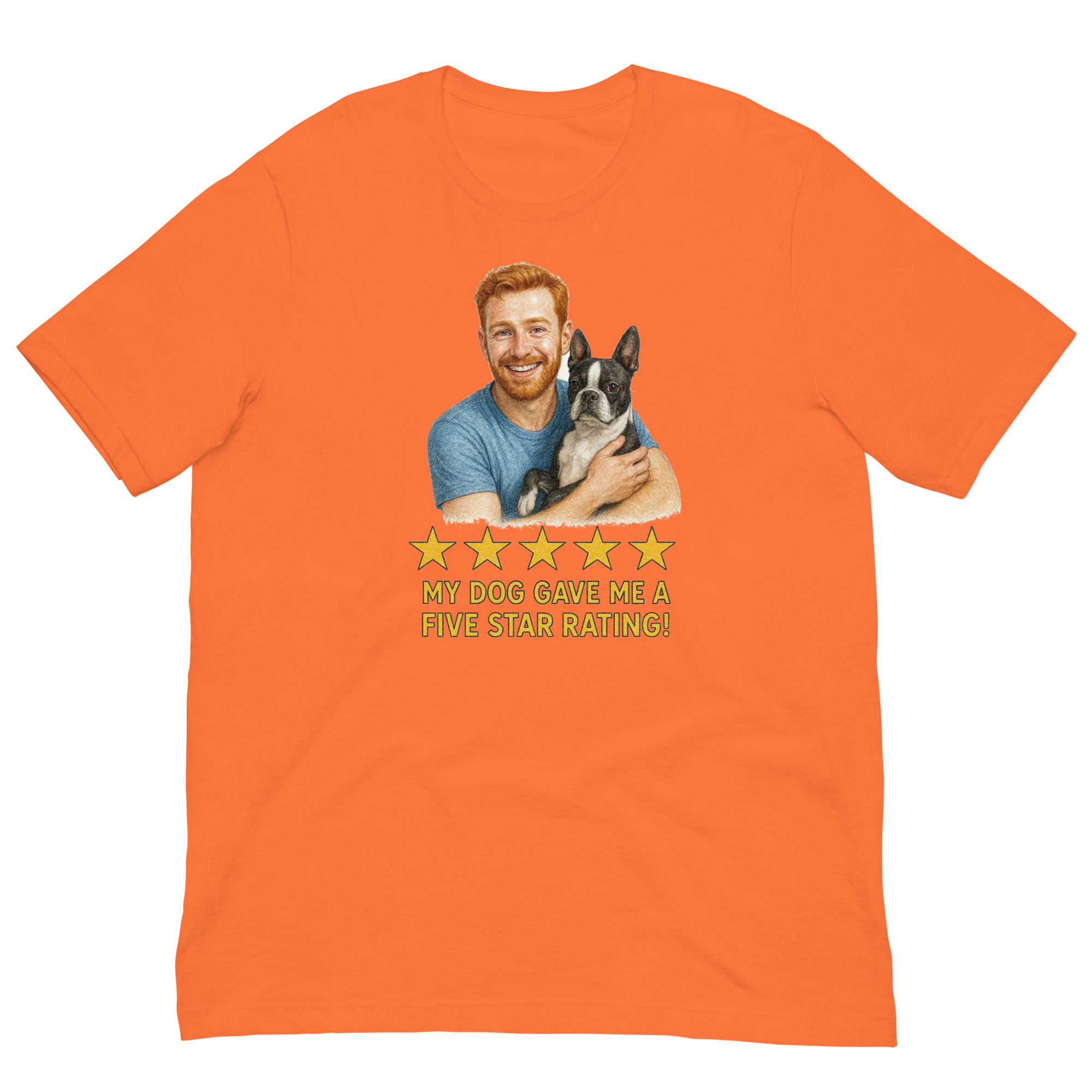 Red Hair Man with Boston Terrier graphic tee.