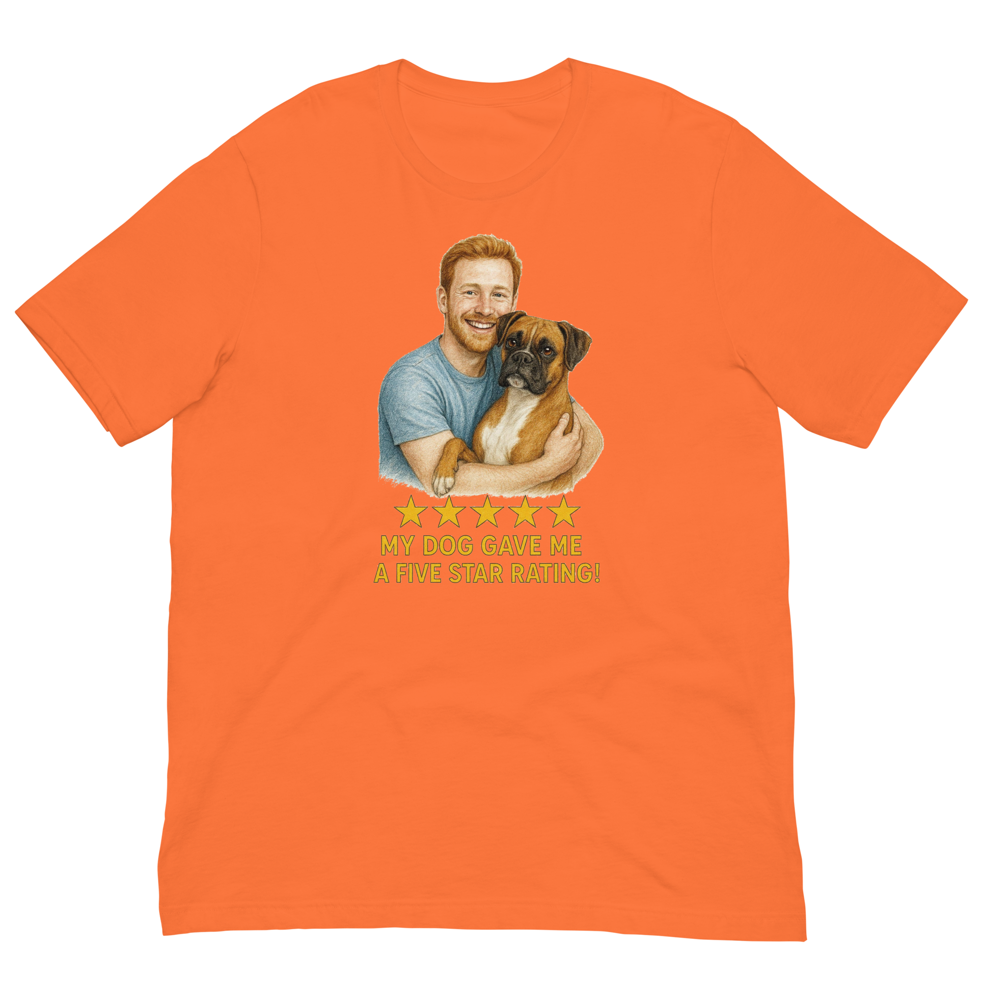 Red Hair Man with Boxer graphic tee.