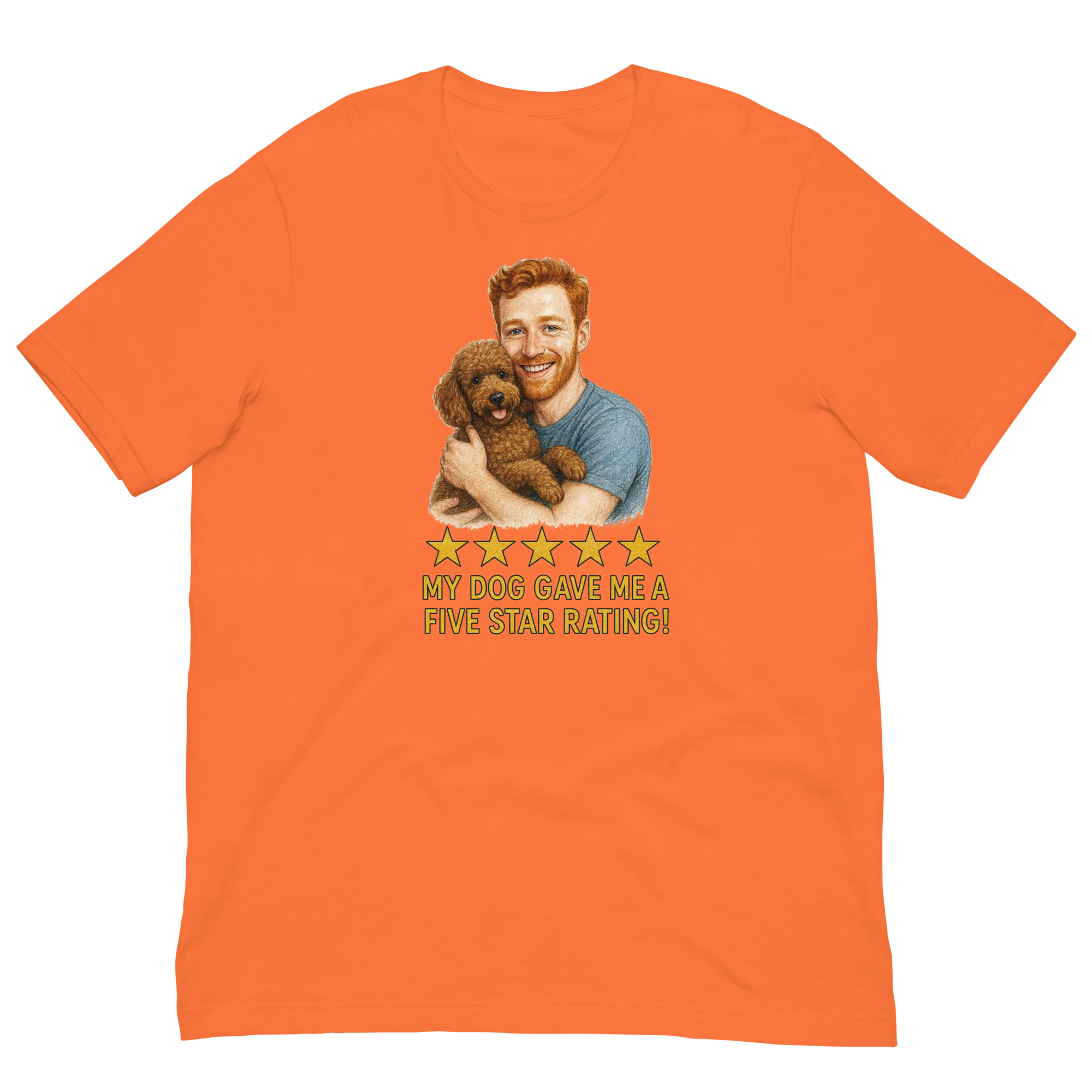 Red Hair Man with Brown Poodle graphic tee.