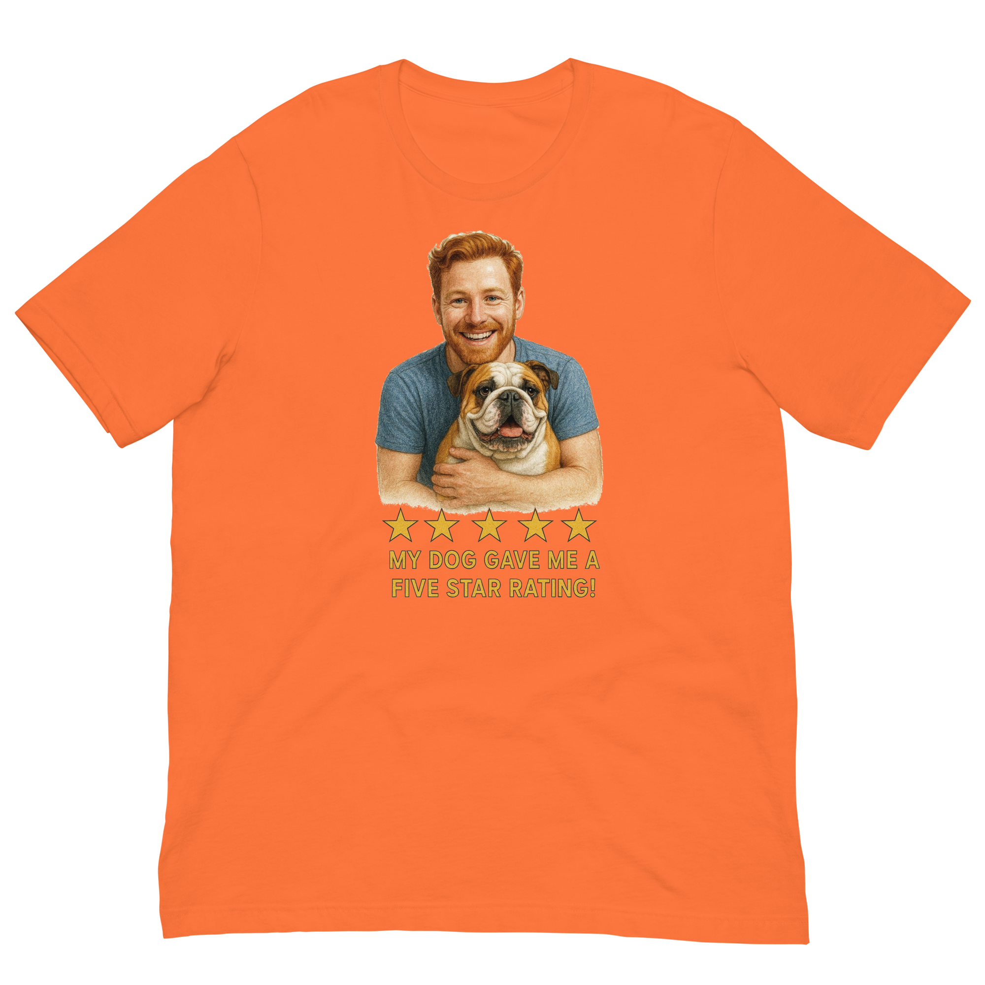 Red Hair Man with Bulldog graphic tee.