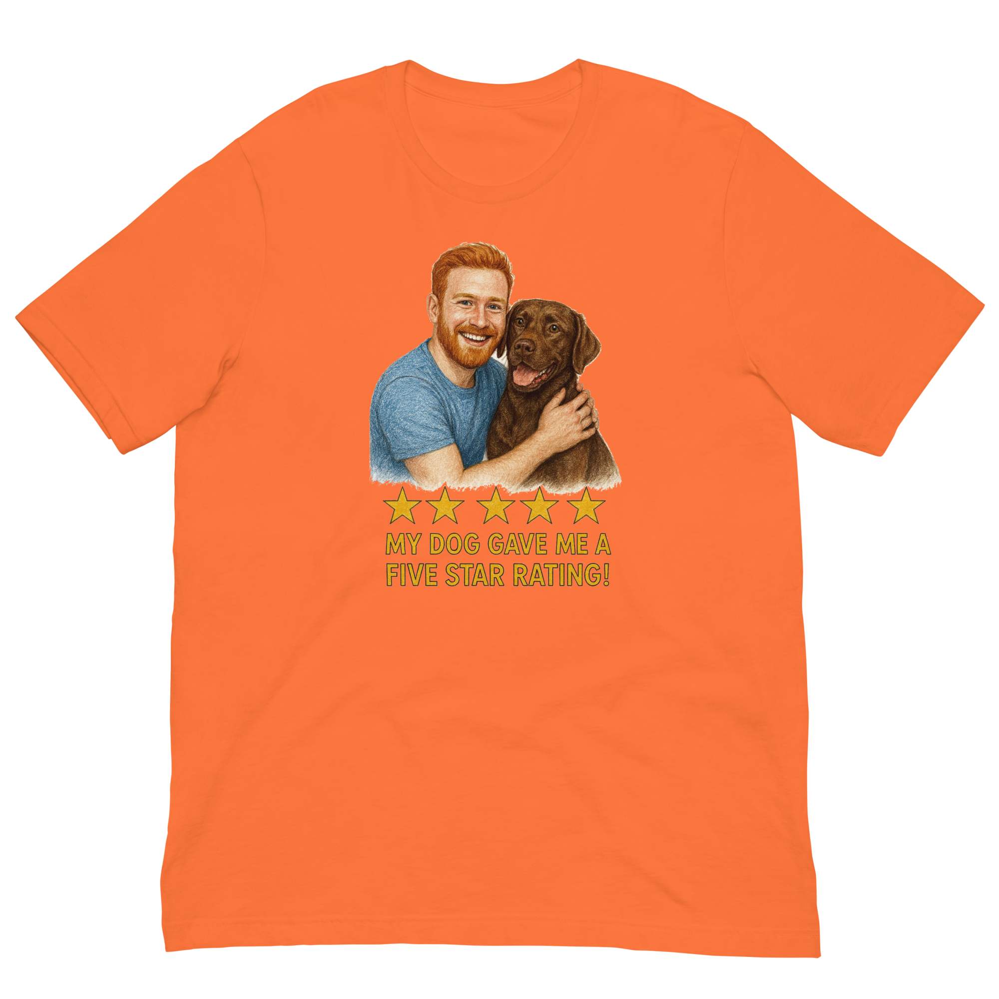 Red Hair Man with Chocolate Labrador graphic tee.