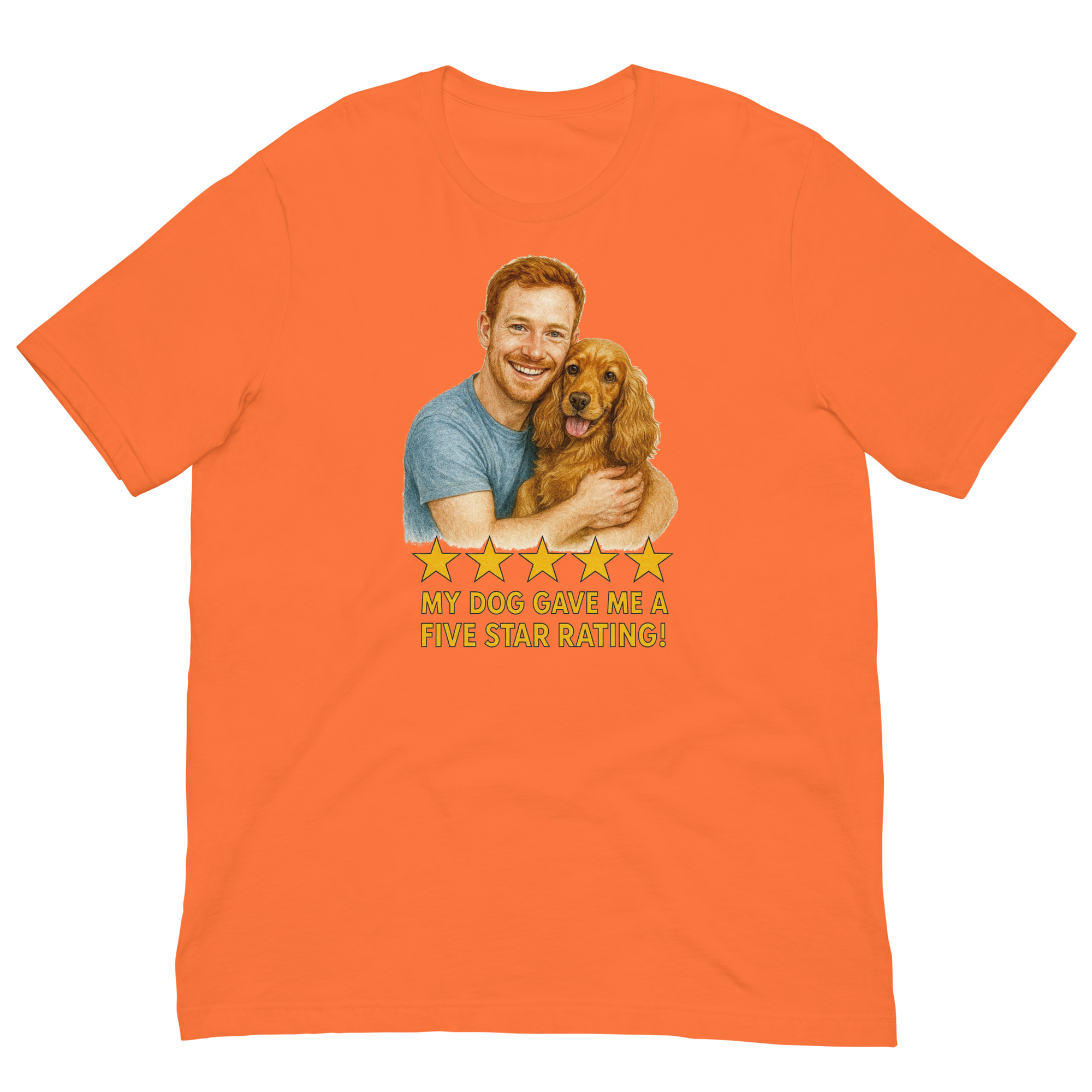 Red Hair Man with Cocker Spaniel graphic tee.