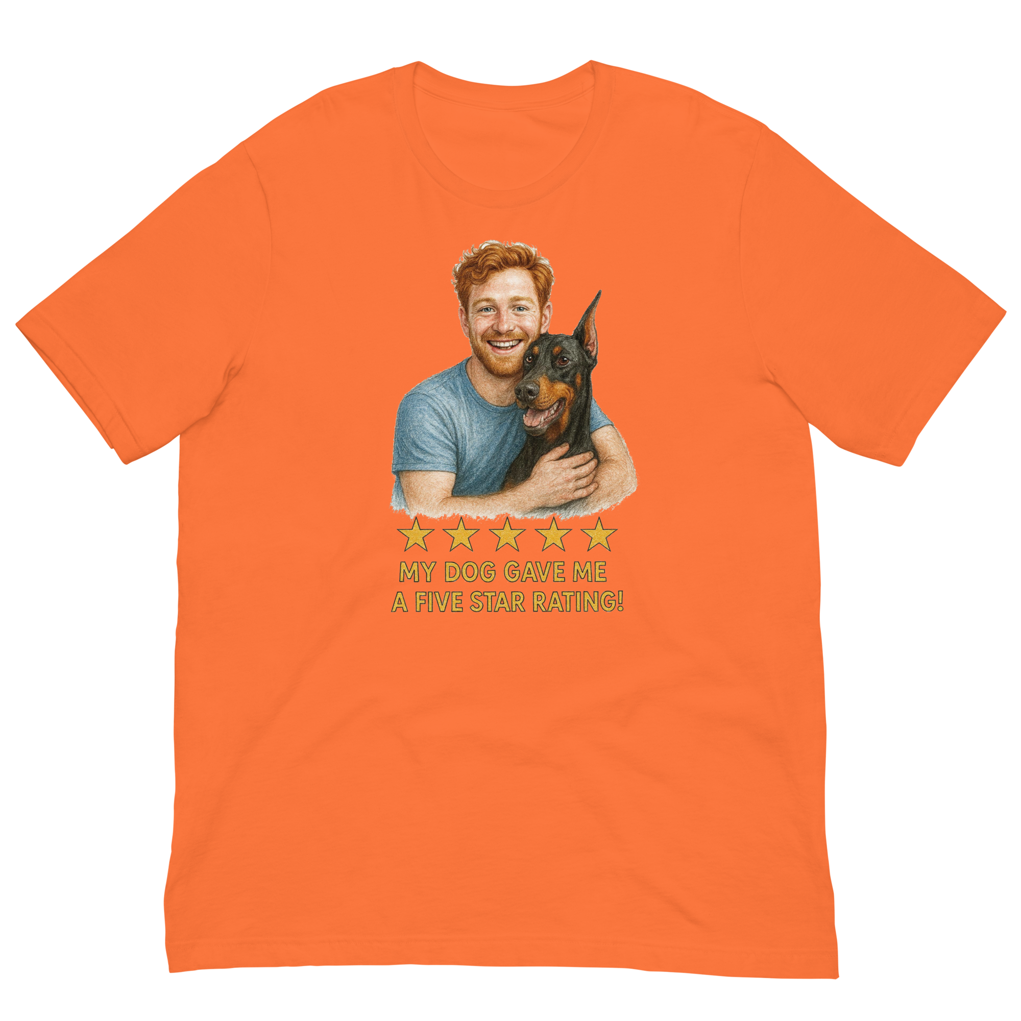 Red Hair Man with Doberman Pinscher graphic tee.