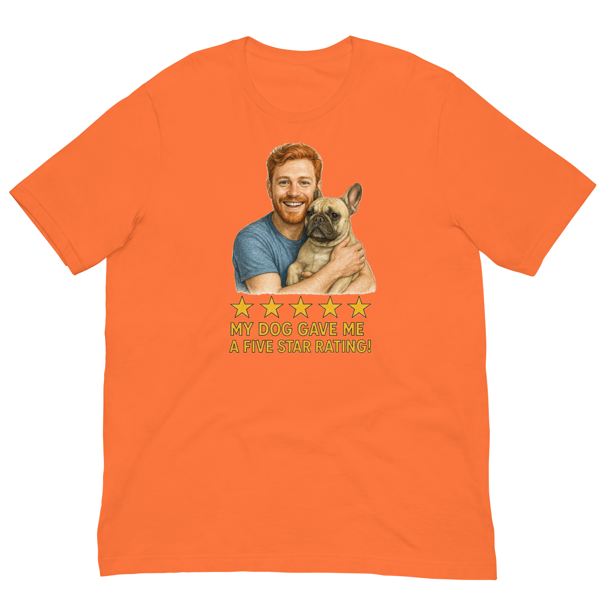 Red Hair Man with French Bulldog graphic tee.