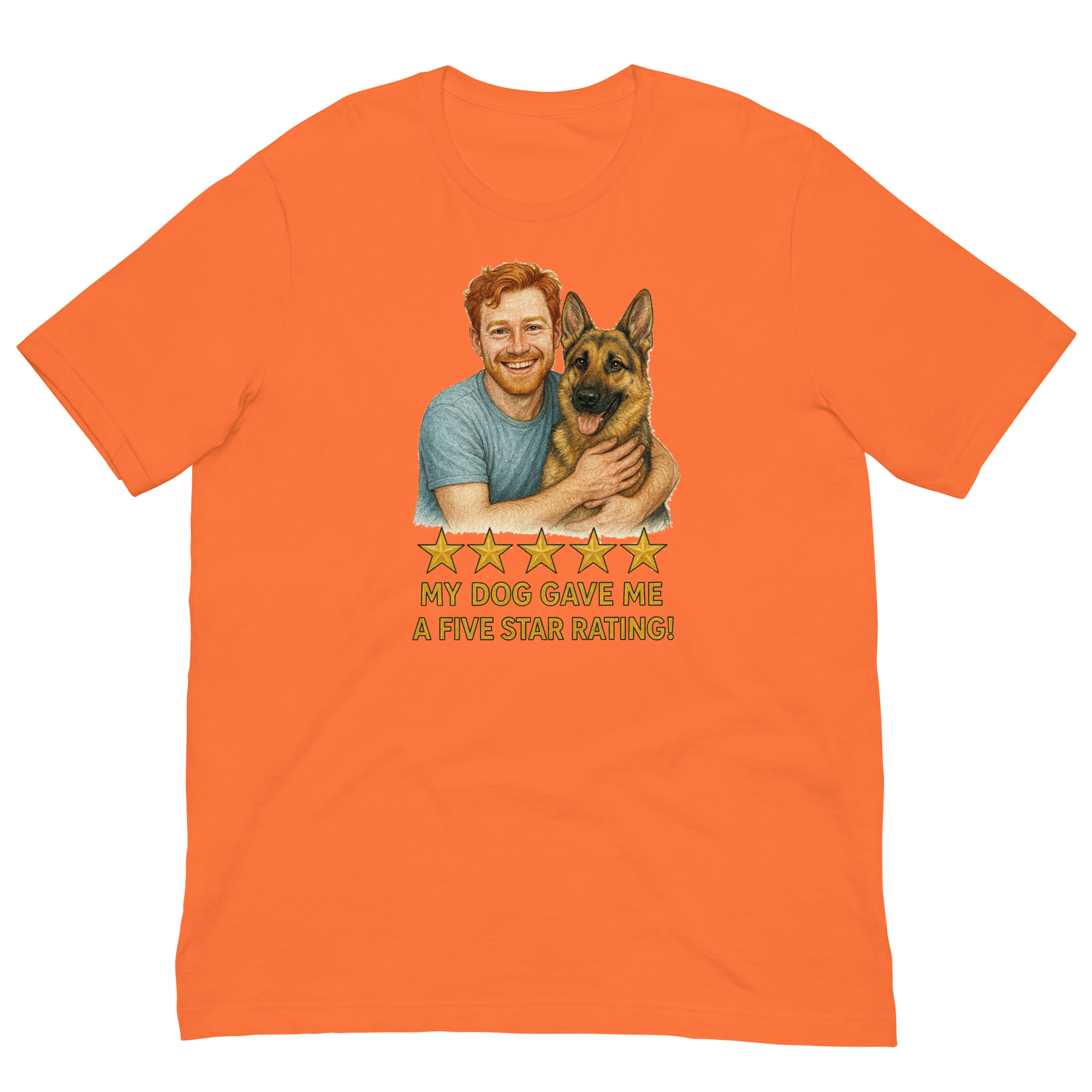 Red Hair Man with German Shepherd graphic tee.