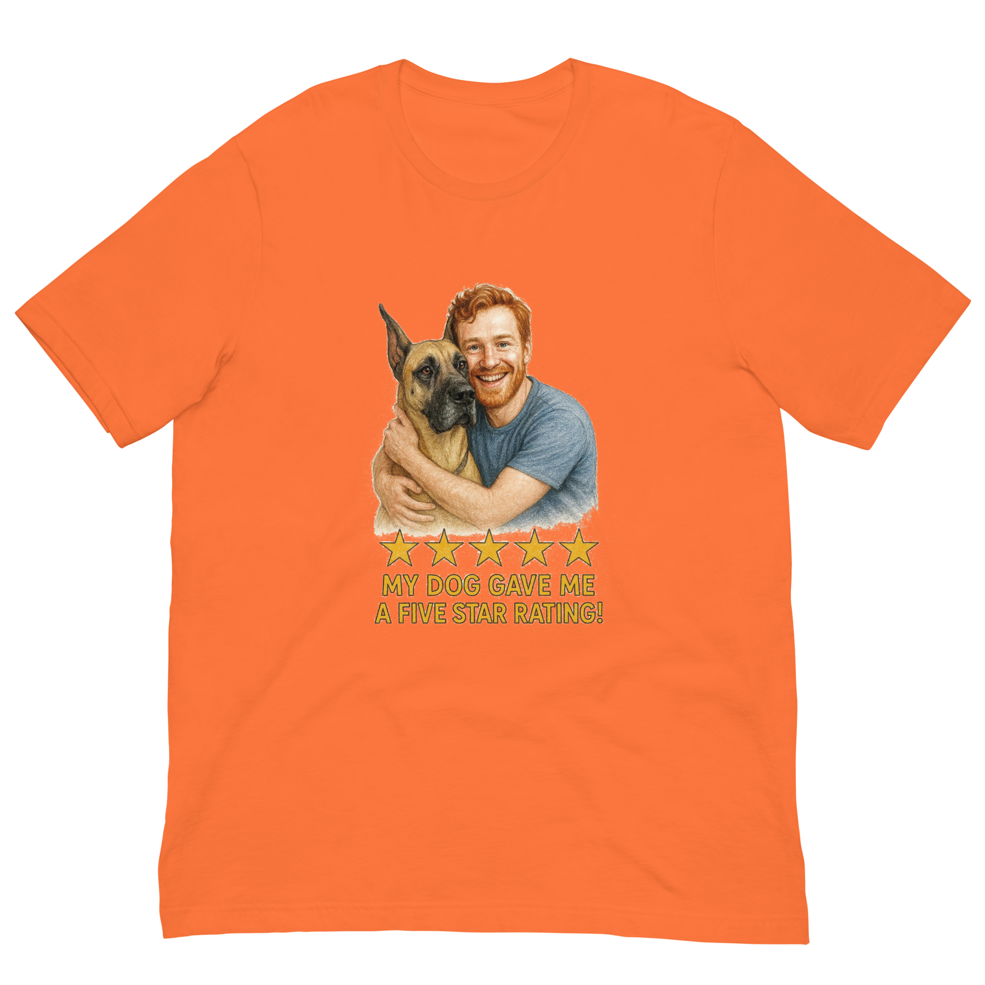 Red Hair Man with Great Dane graphic tee.