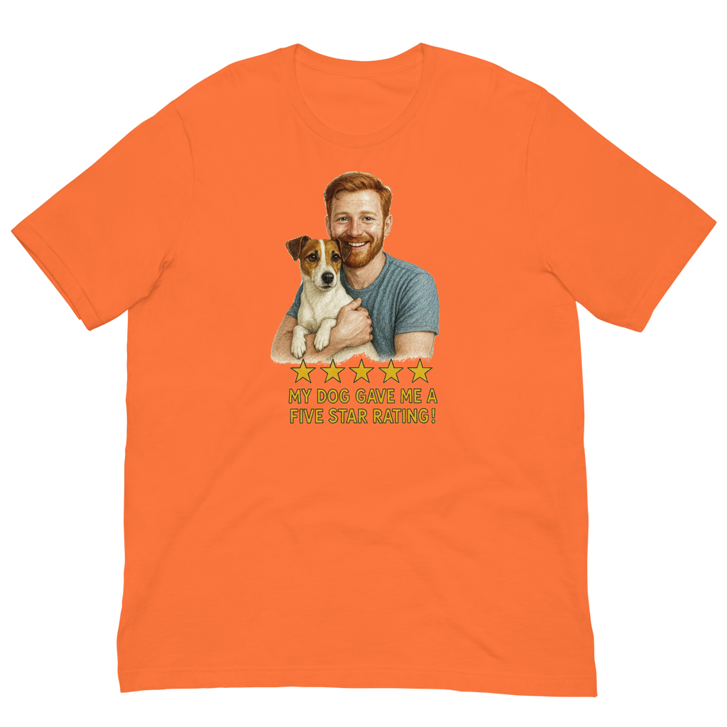 Red Hair Man with Jack Russell Terrier graphic tee.
