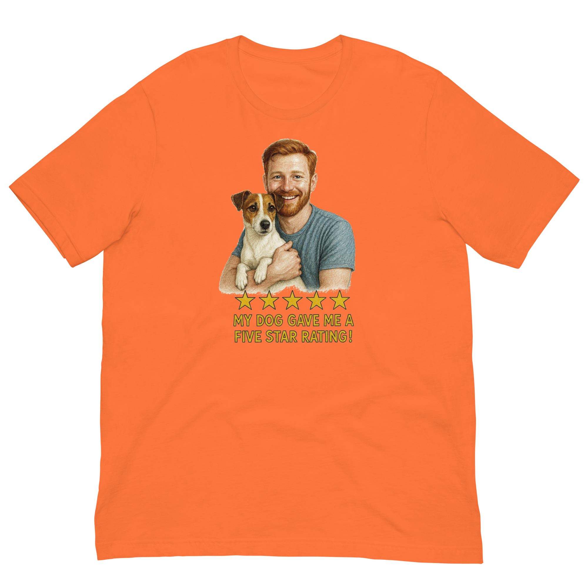 Red Hair Man with Jack Russell Terrier graphic tee.
