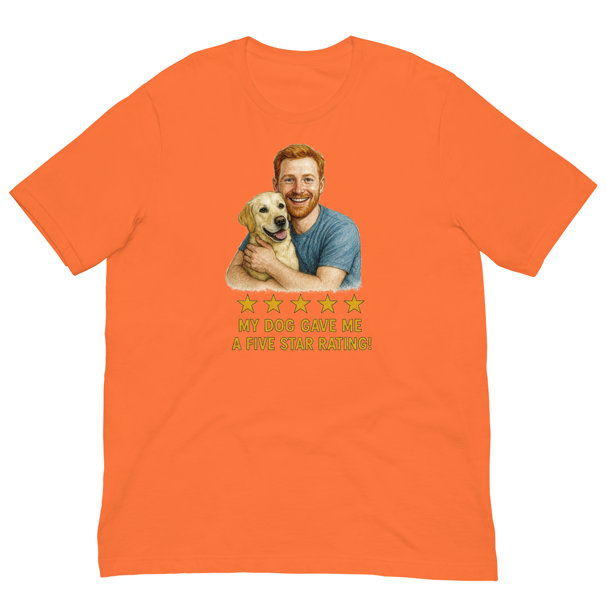 Red Hair Man with Yellow Labrador graphic tee.