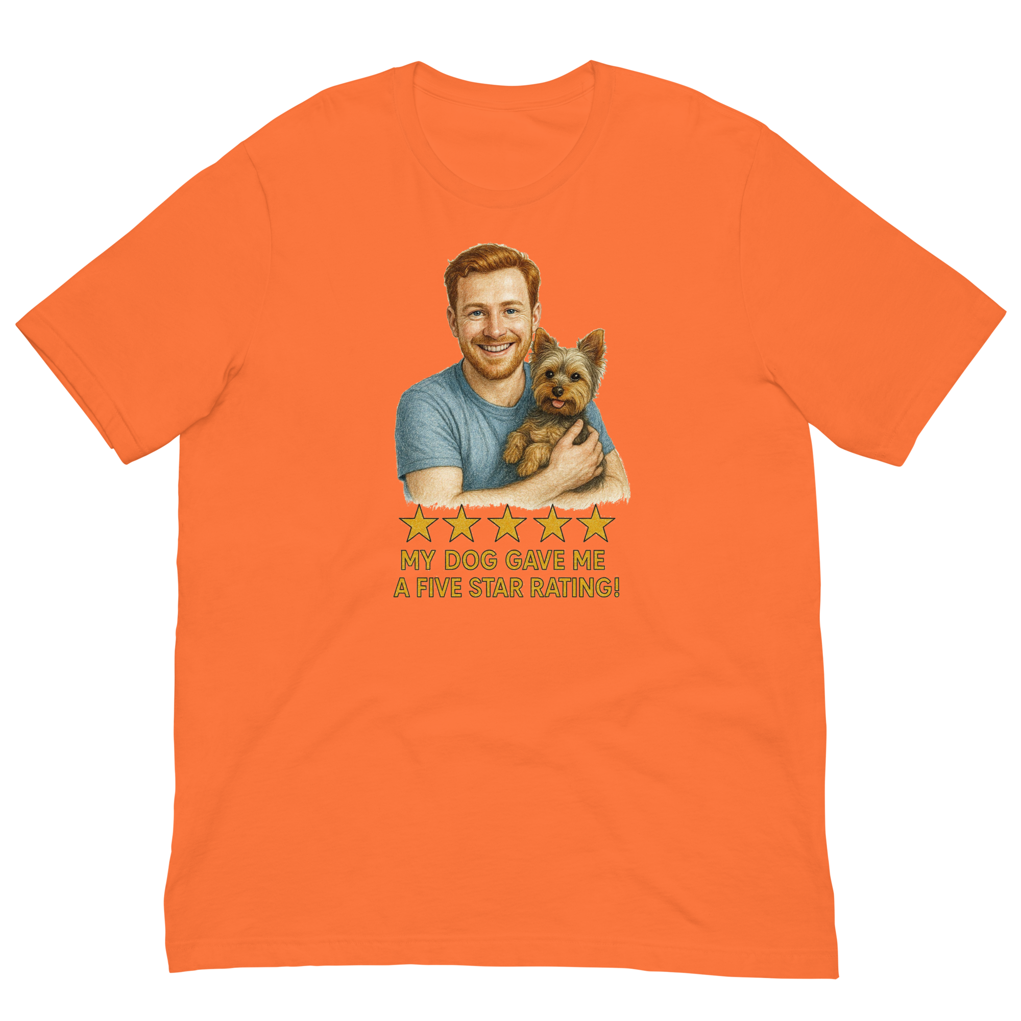 Red Hair Man with Yorkie graphic tee.