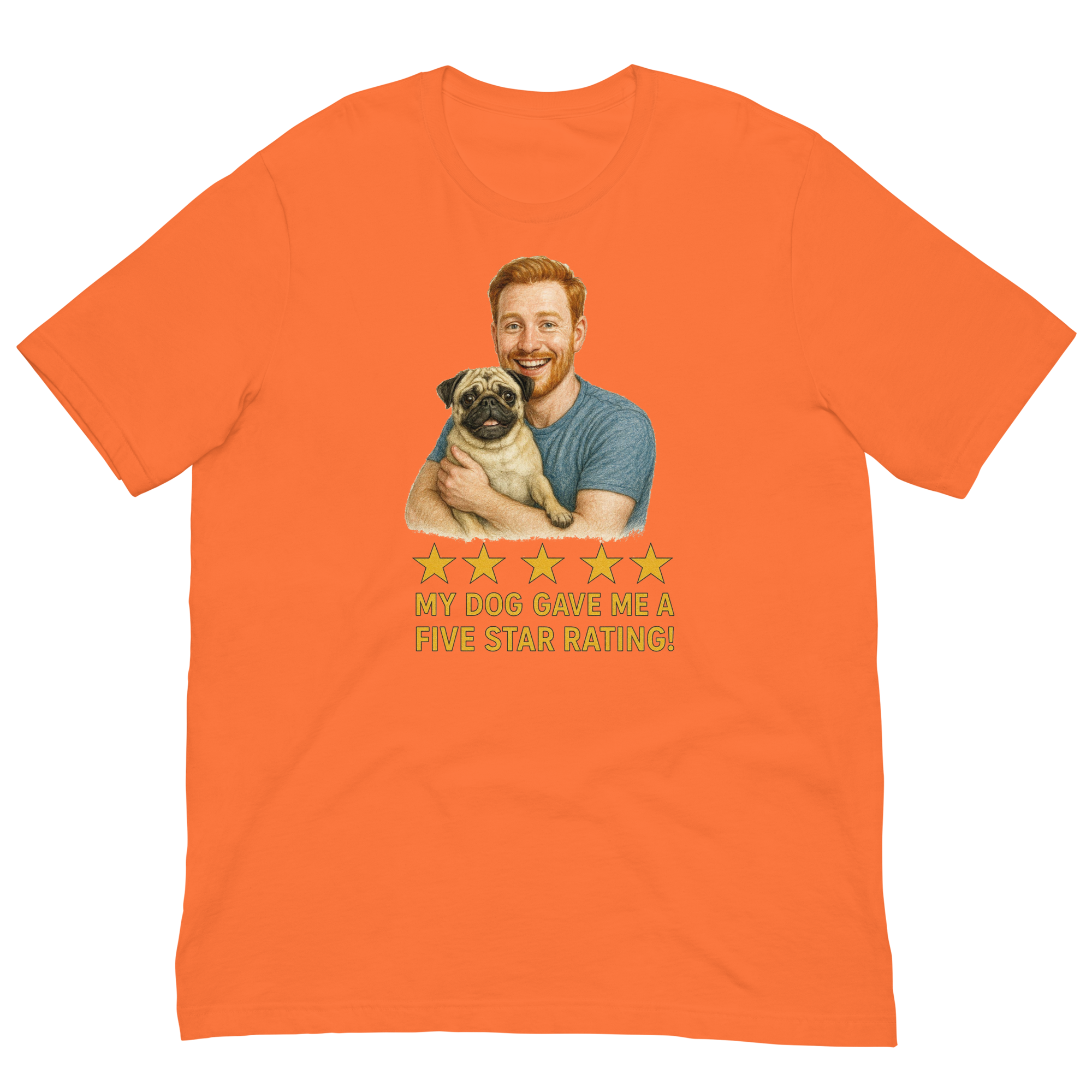 Red Hair Man with Pug graphic tee.