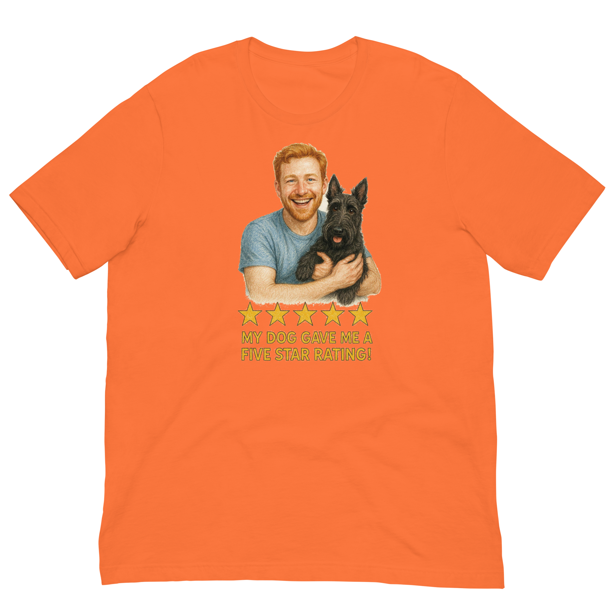 Red Hair Man with Scottie graphic tee.