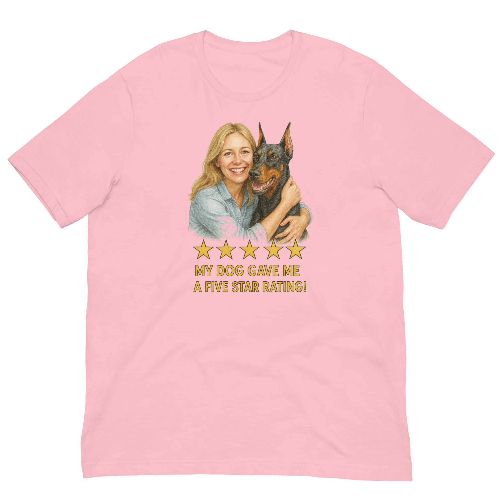 Blonde Woman with Doberman Pinscher graphic tee - pink