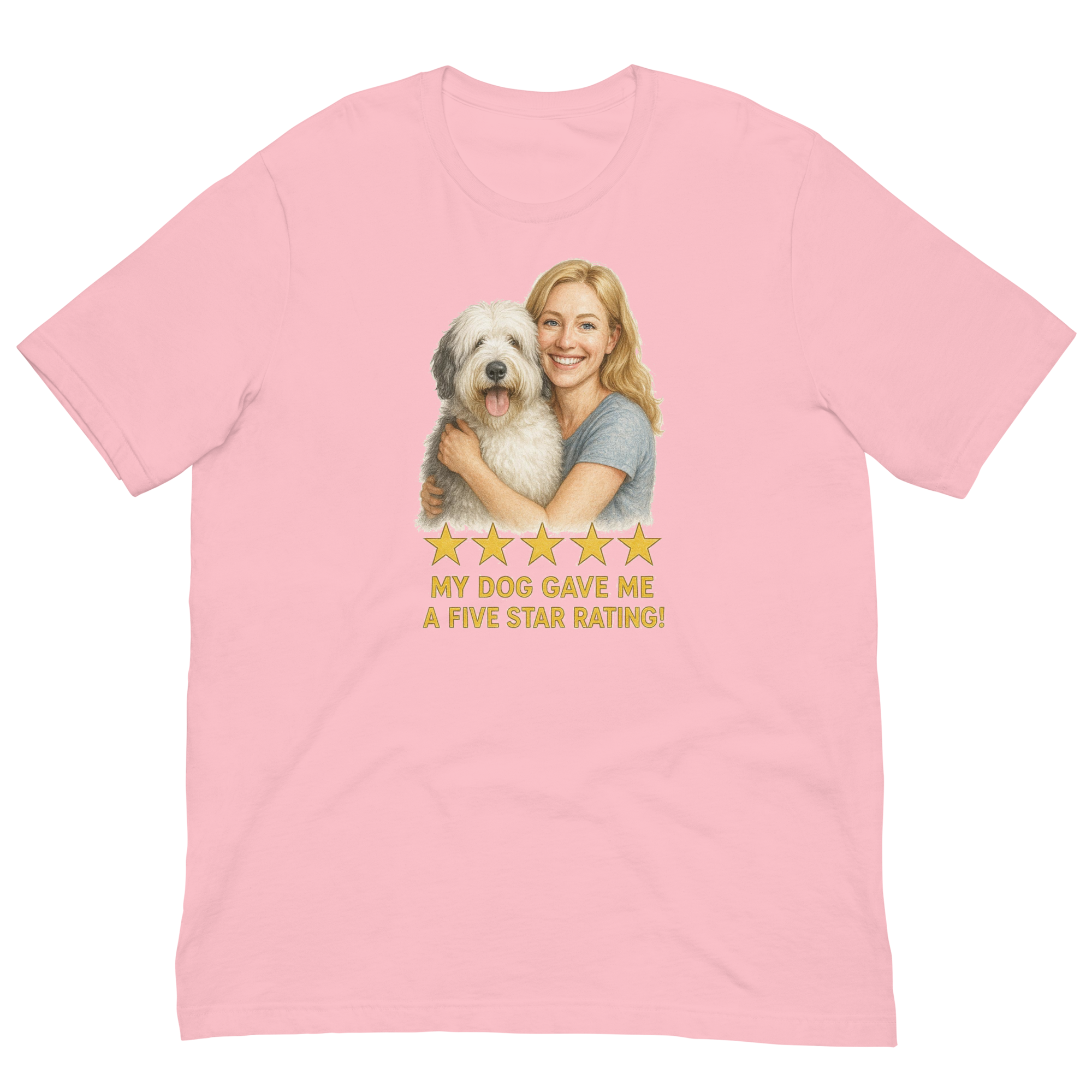 Blonde Woman with Sheepdog graphic tee - pink