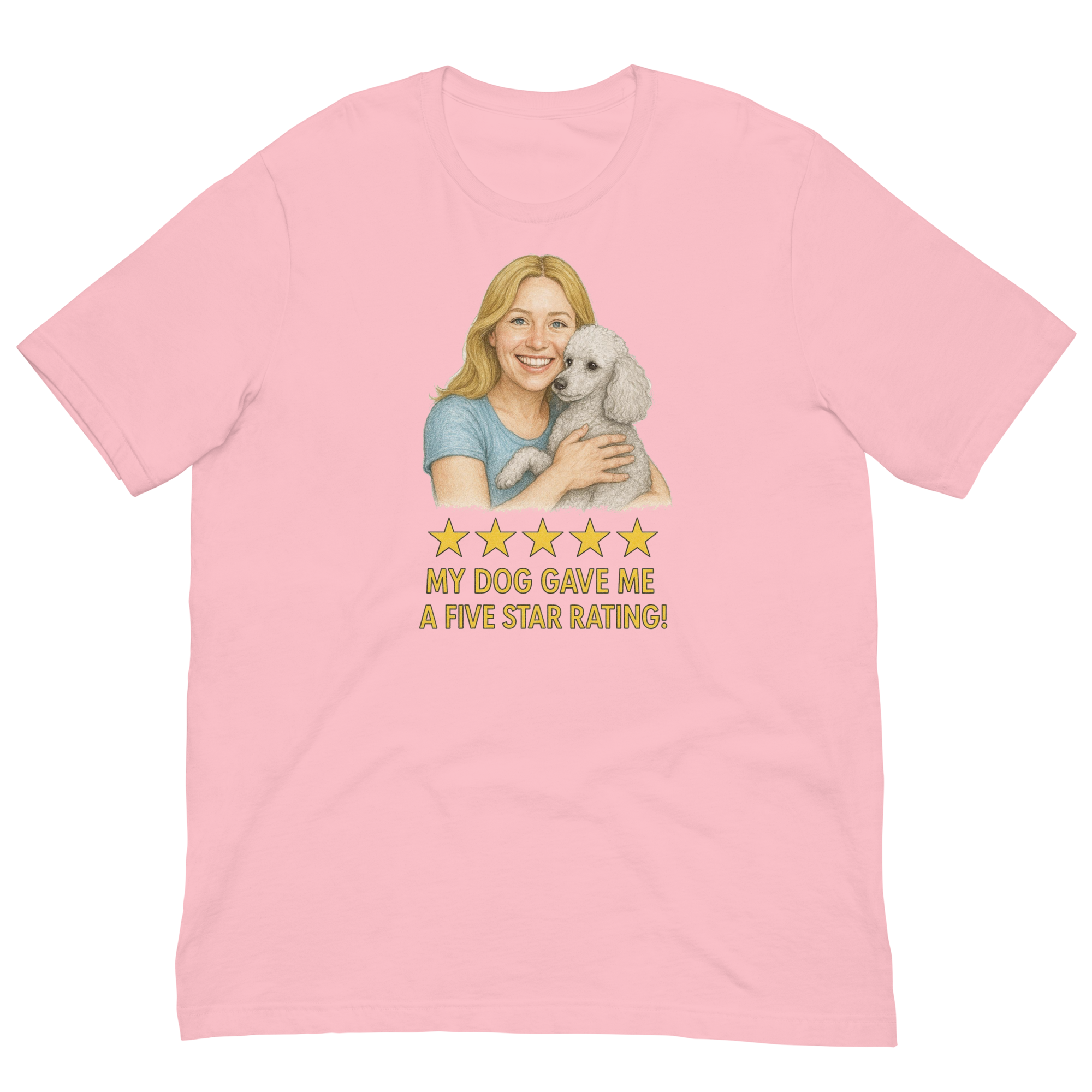 Blonde Woman with White Poodle graphic tee - pink