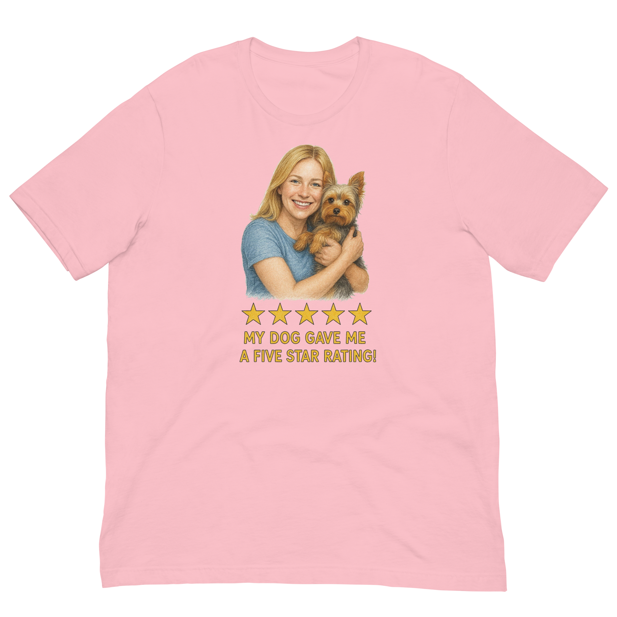 Blonde Woman with Yorkie graphic tee - pink