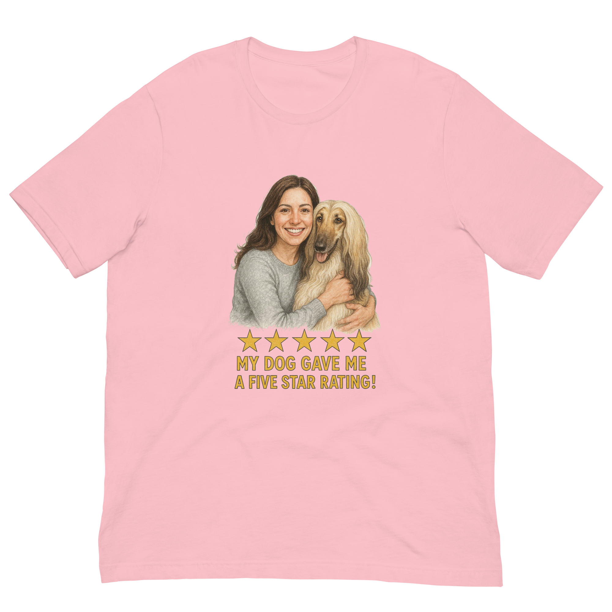 Brunette Woman with Afghan Hound graphic tee - pink