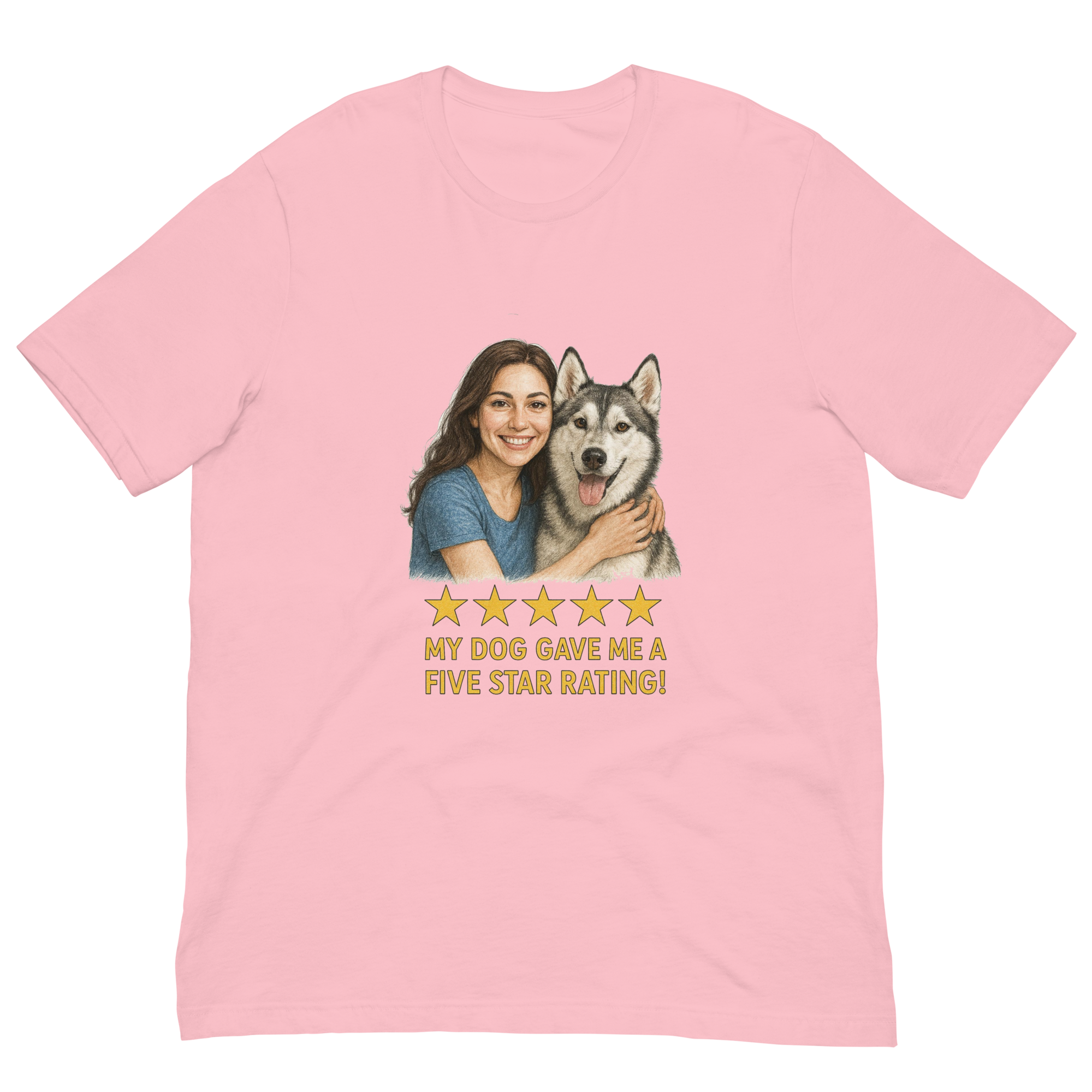 Brunette Woman with Alaskan Husky graphic tee - pink