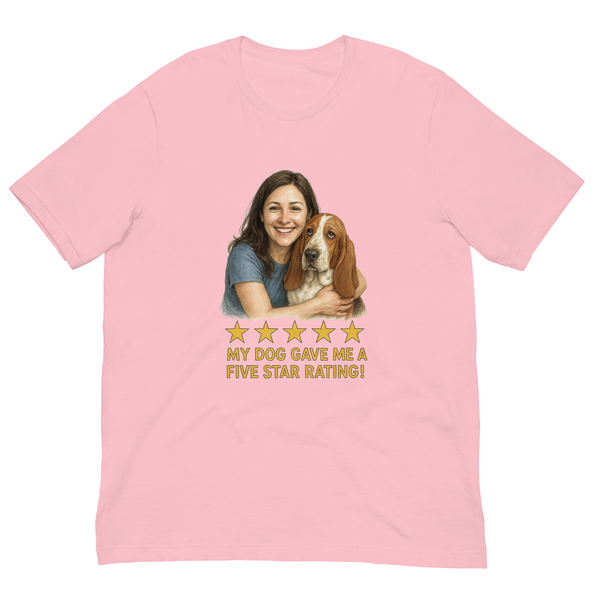 Brunette Woman with Basset Hound graphic tee - pink