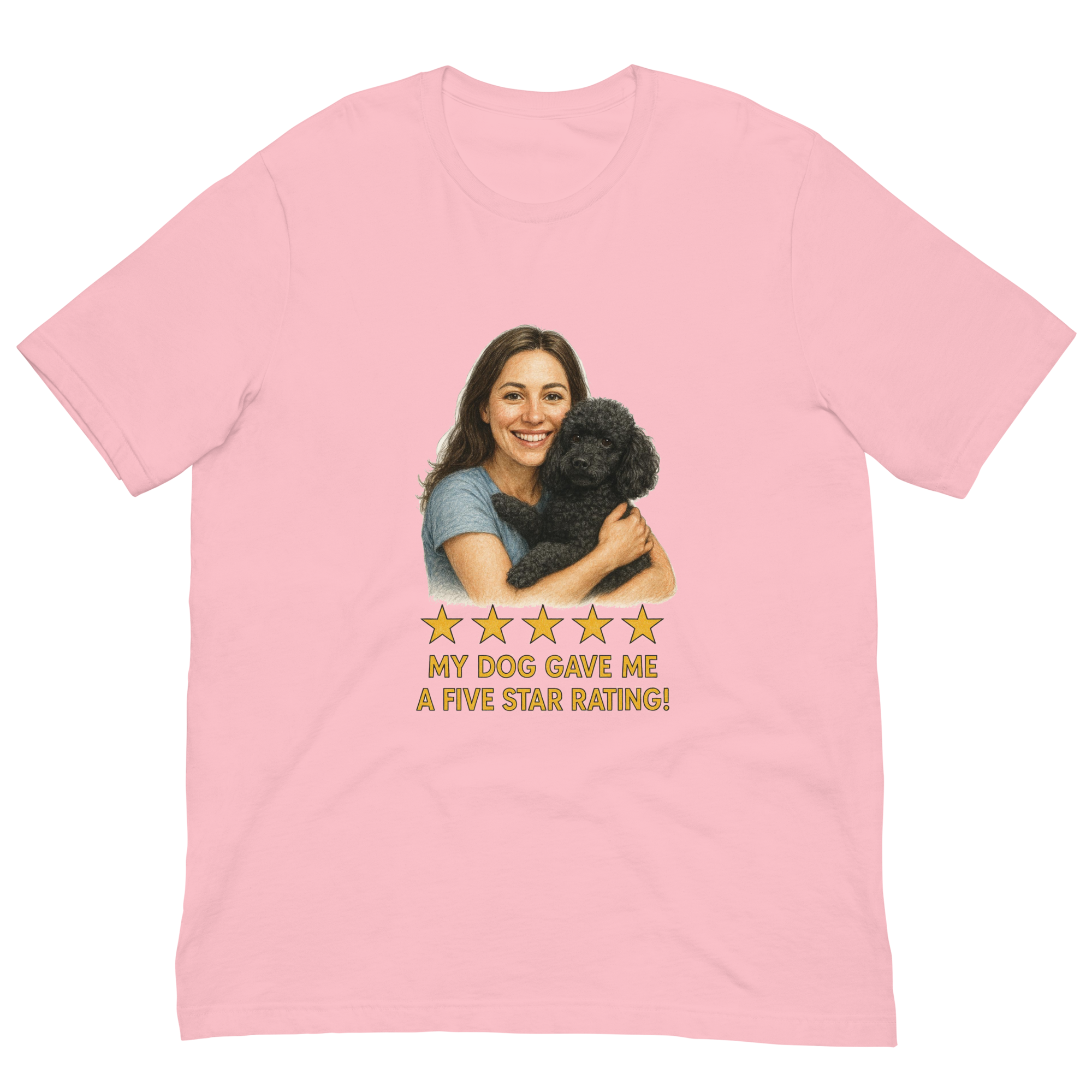 Brunette Woman with Black Poodle graphic tee - pink