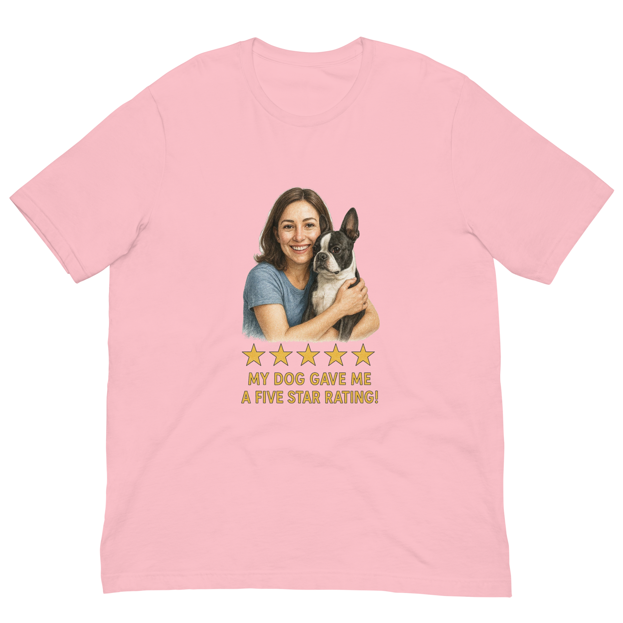 Brunette Woman with Boston Terrier graphic tee - pink