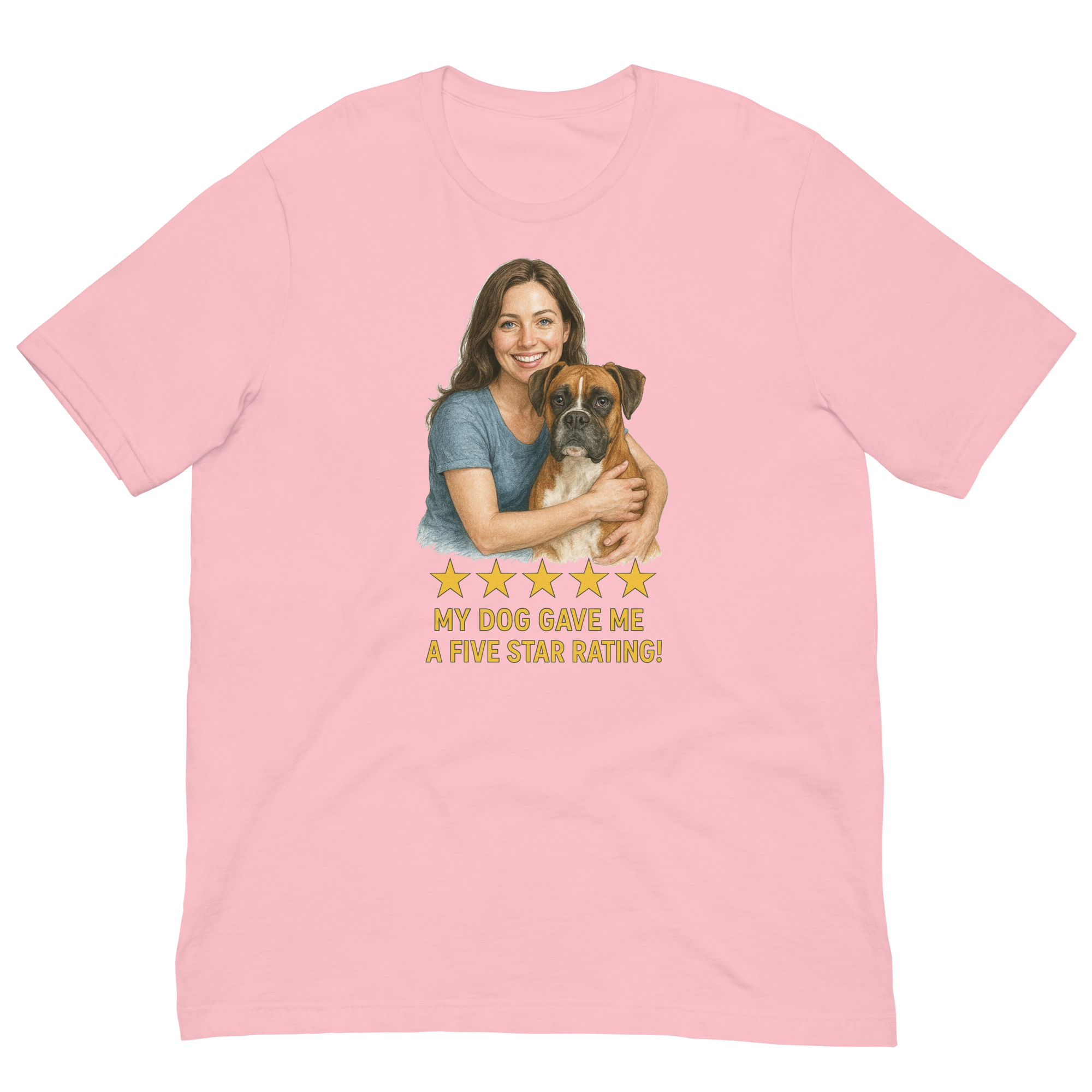 Brunette Woman with Boxer graphic tee - pink