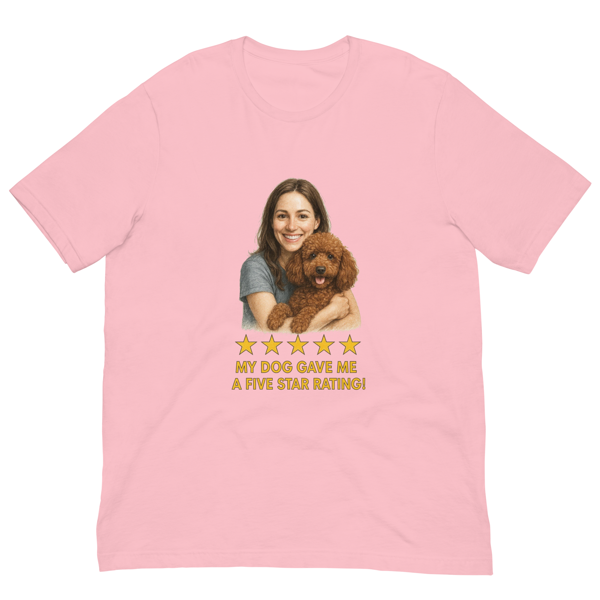 Brunette Woman with Brown Poodle graphic tee - pink