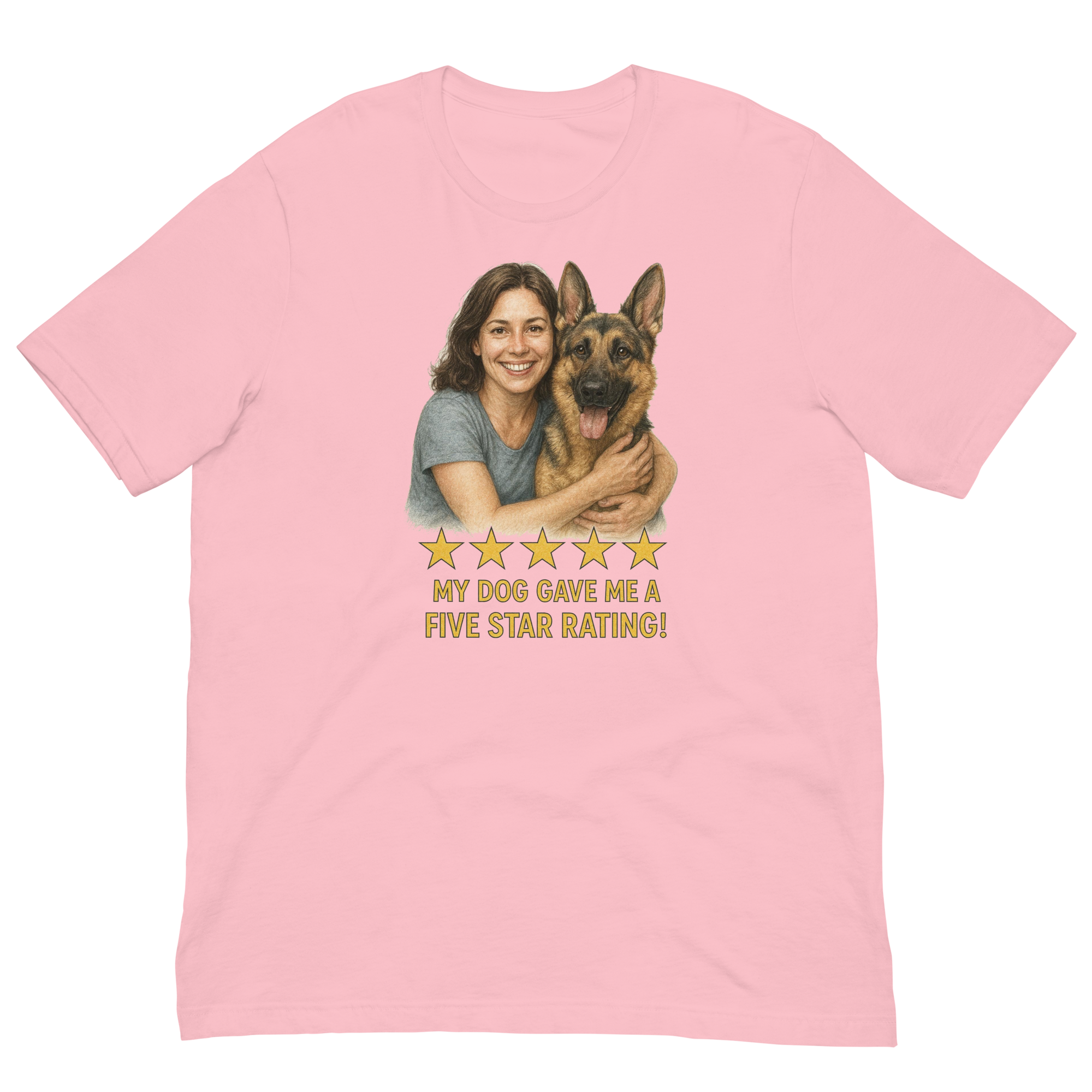 Brunette Woman with German Shepherd graphic tee - pink