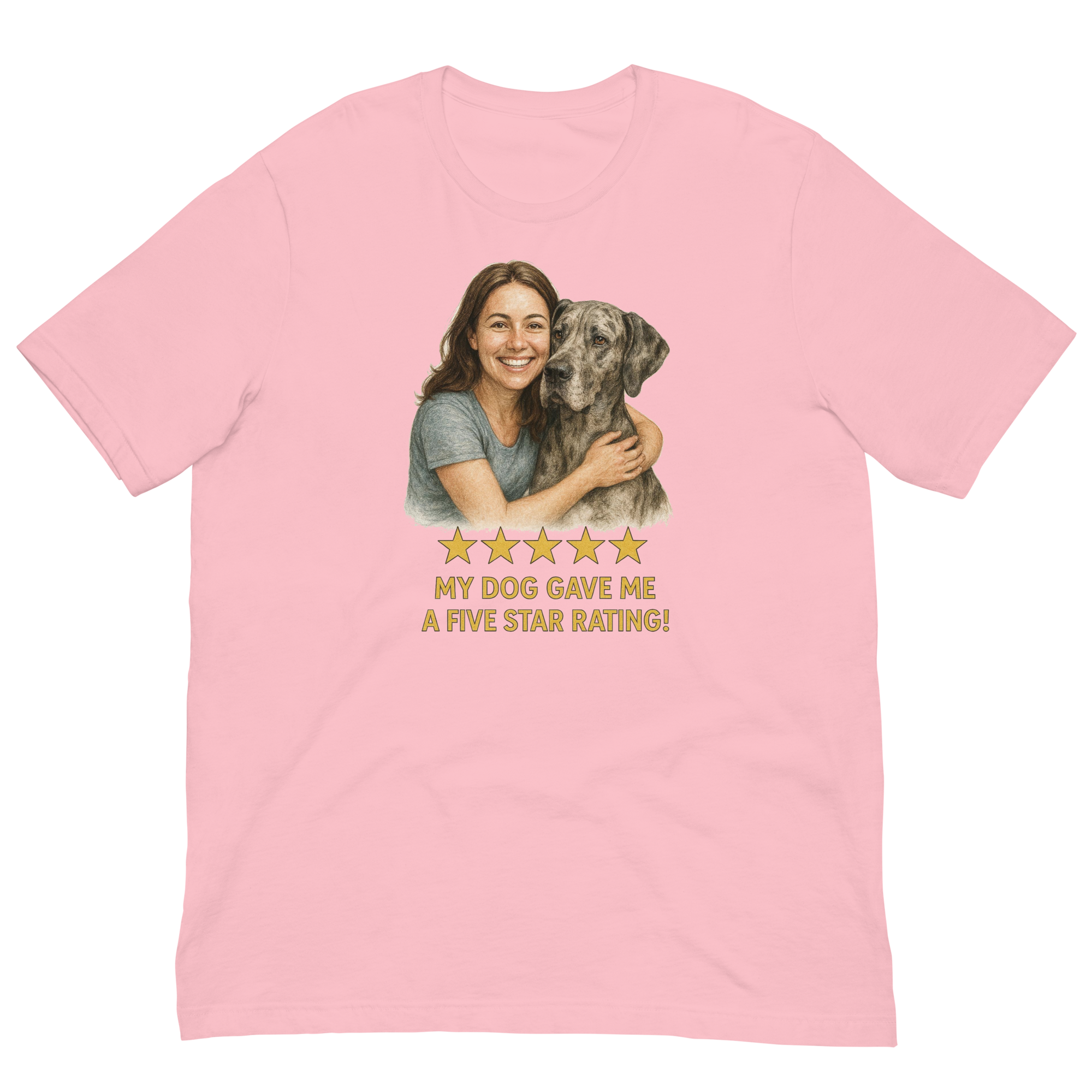 Brunette Woman with Great Dane graphic tee - pink