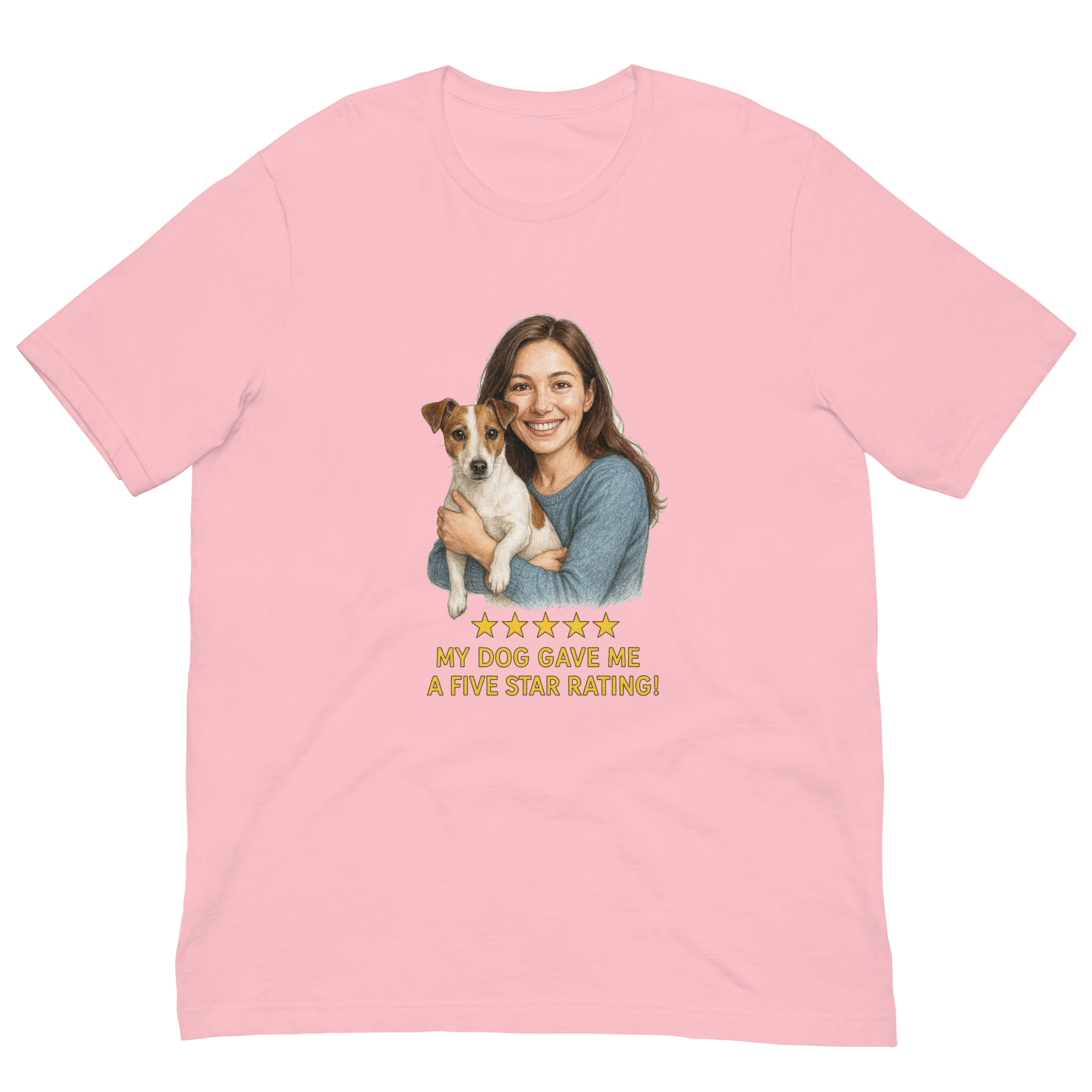 Brunette Woman with Jack Russell Terrier graphic tee - pink