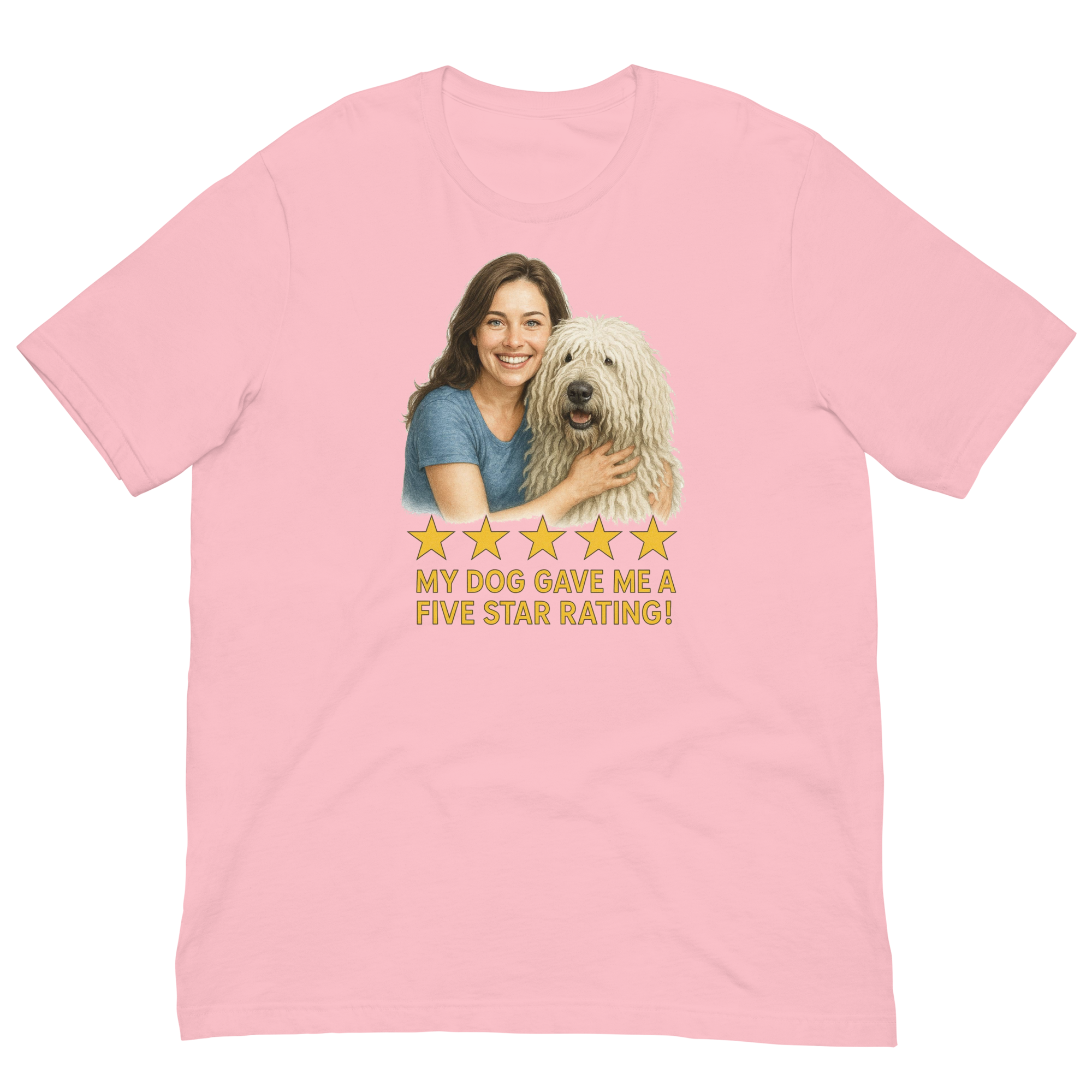 Brunette Woman with Komondor graphic tee - pink
