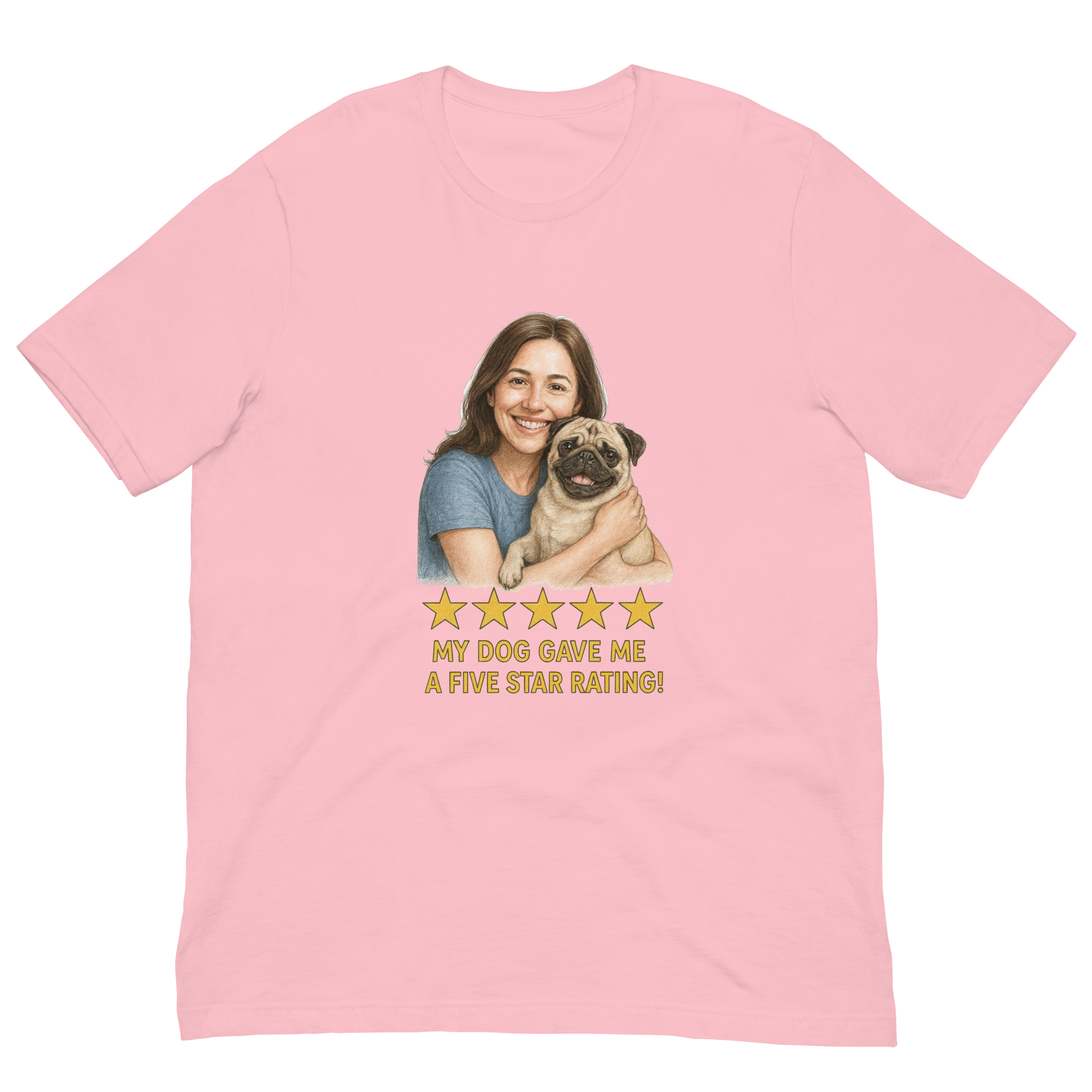 Brunette Woman with Pug graphic tee - pink