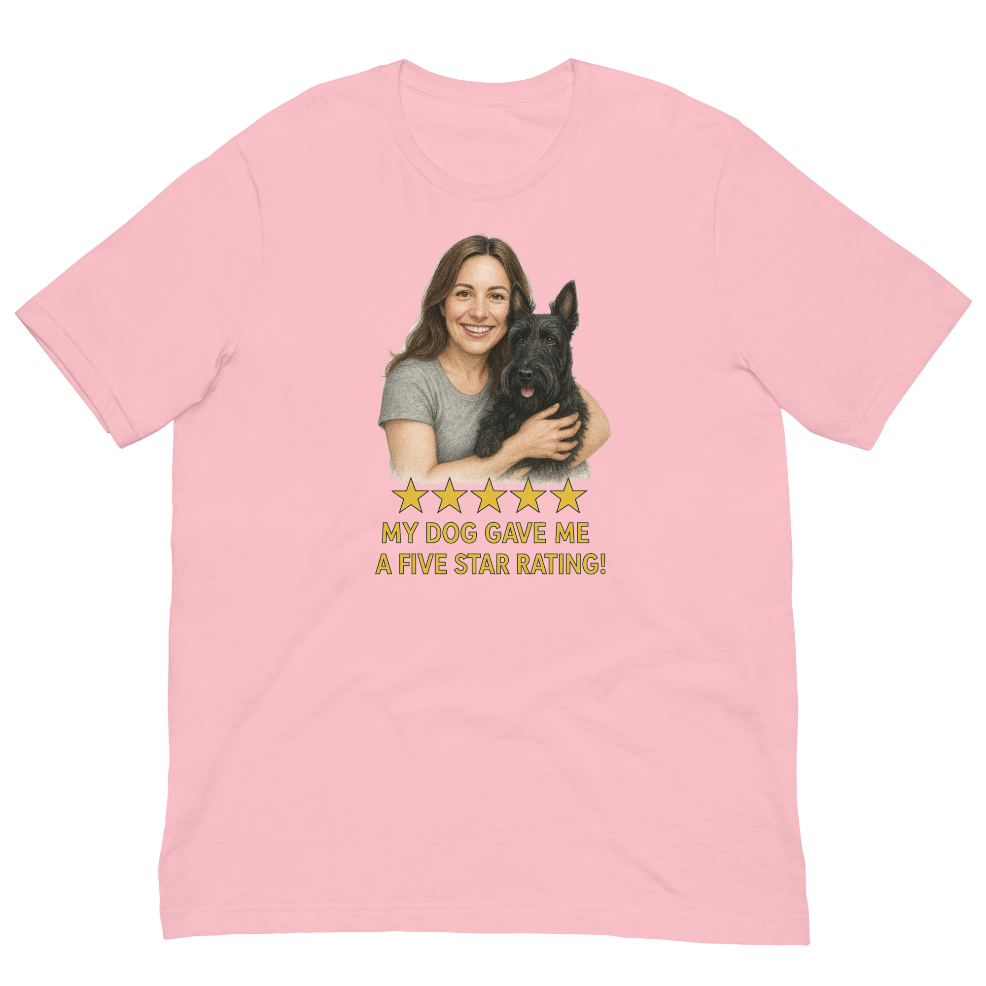 Brunette Woman with Scottie graphic tee - pink