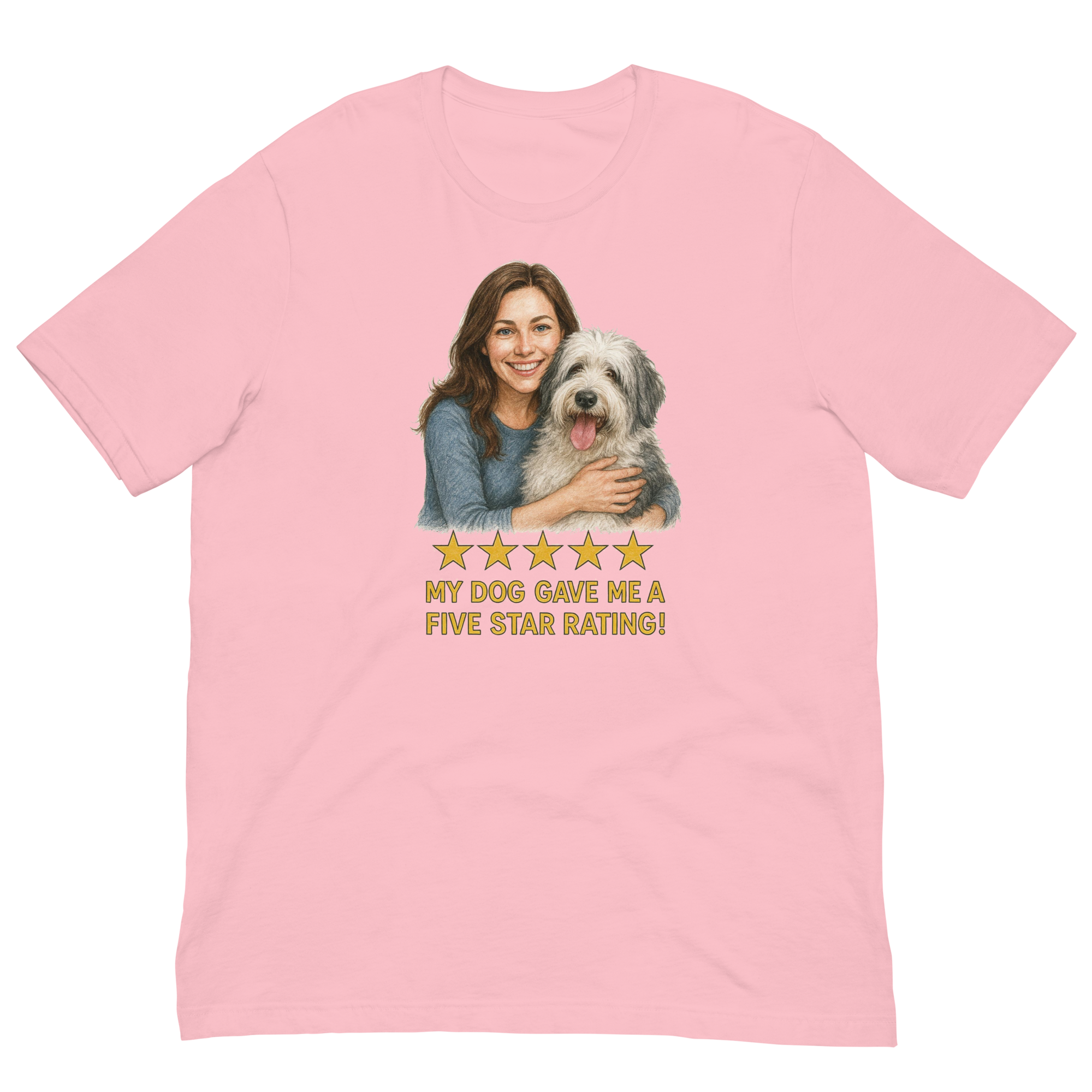 Brunette Woman with Sheepdog graphic tee - pink