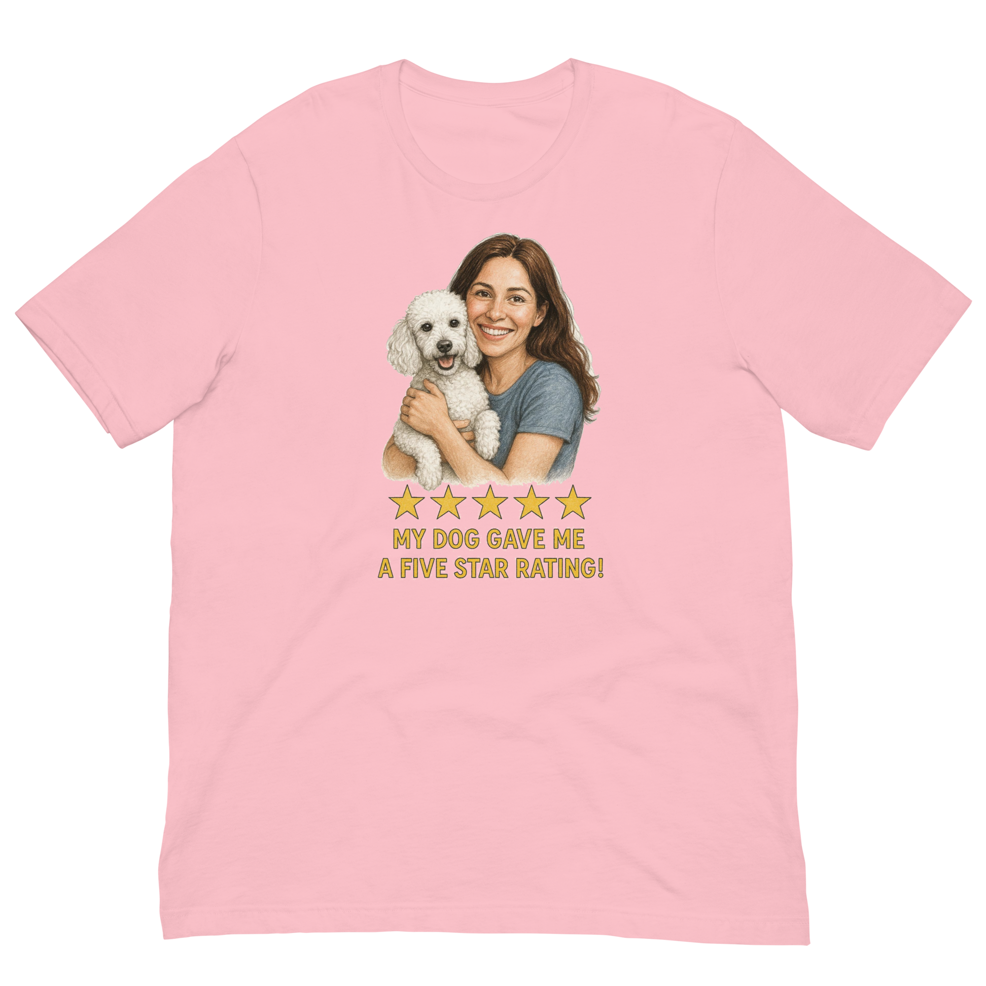 Brunette Woman with White Poodle graphic tee - pink