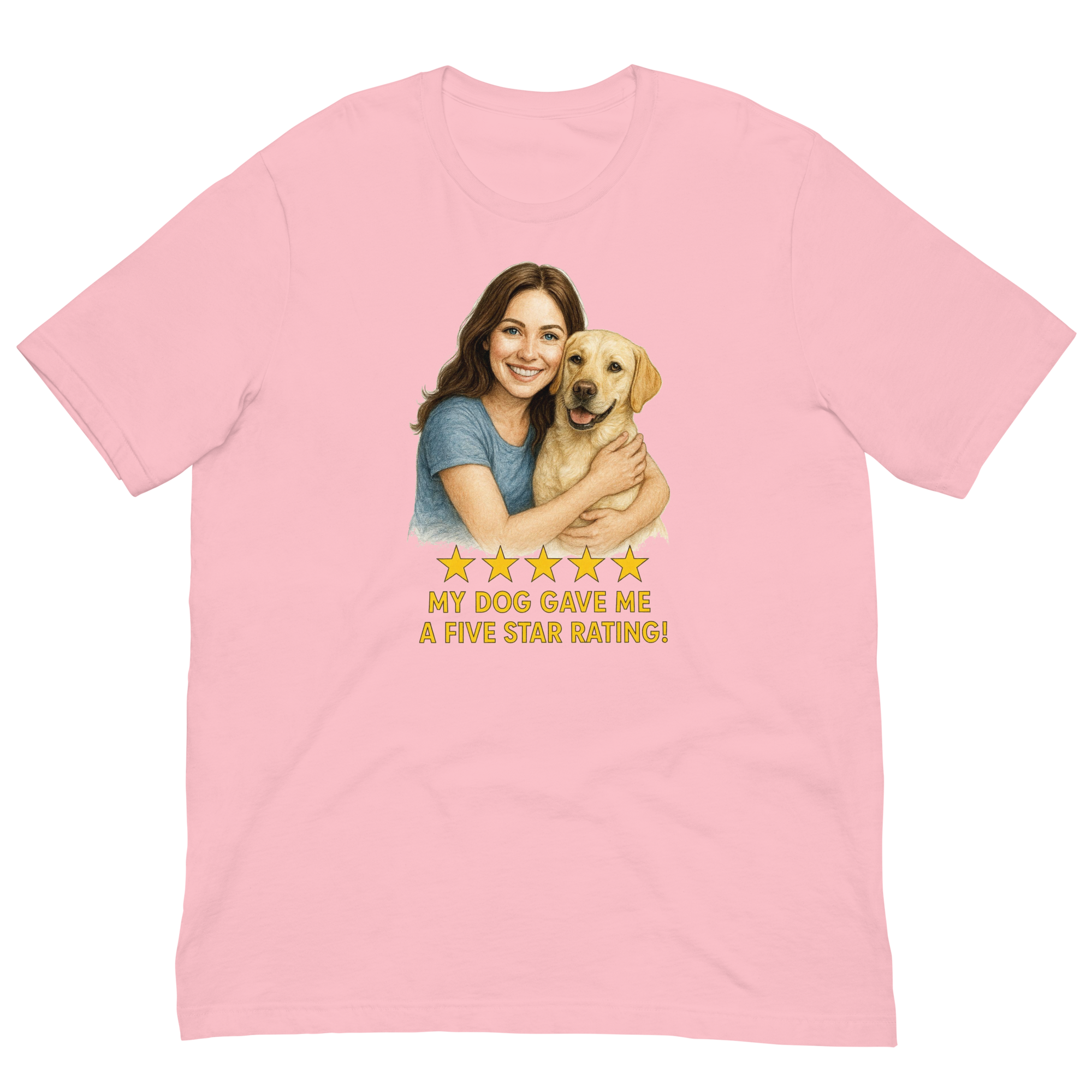 Brunette Woman with Yellow Labrador graphic tee - pink