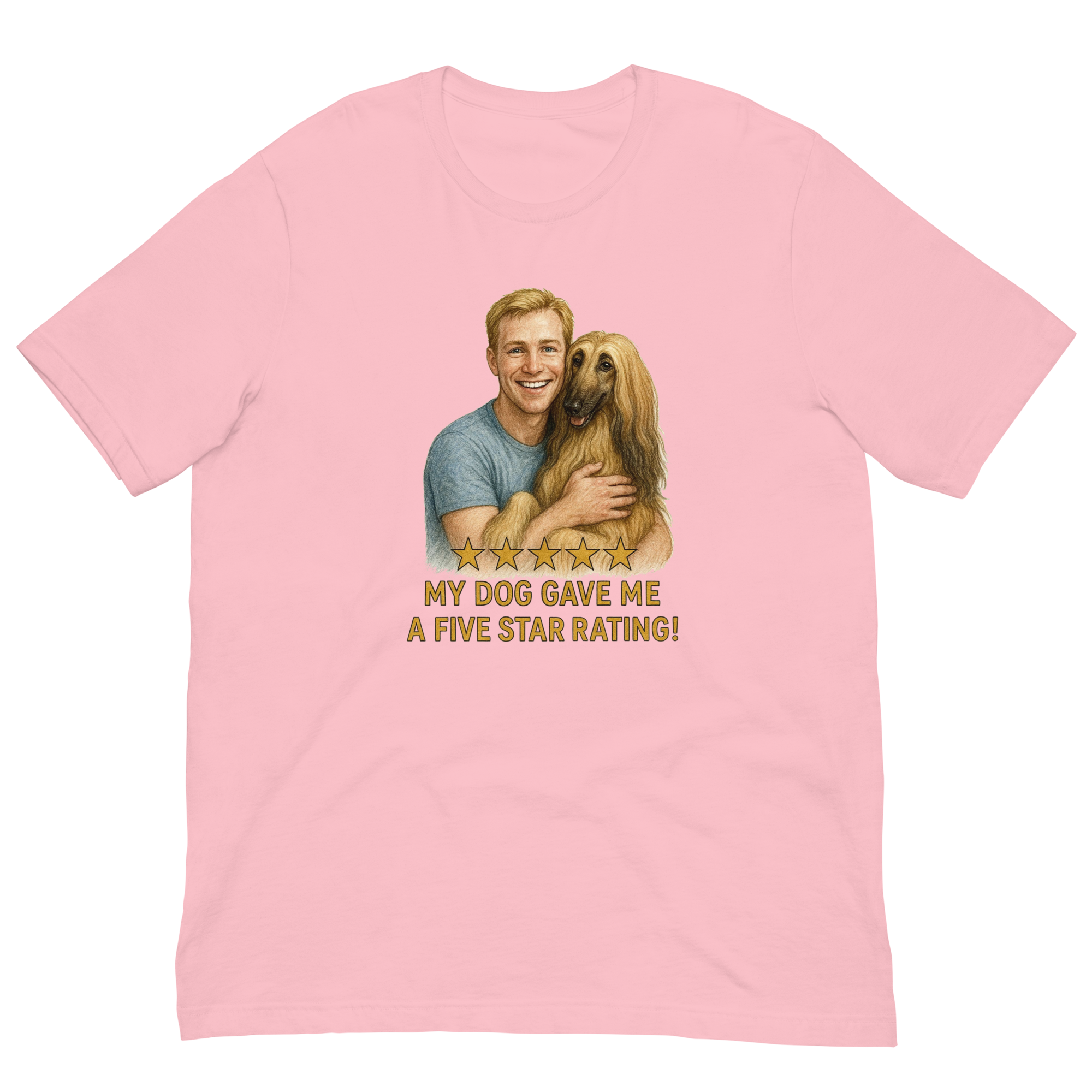 Blonde Man with Afghan Hound graphic tee.