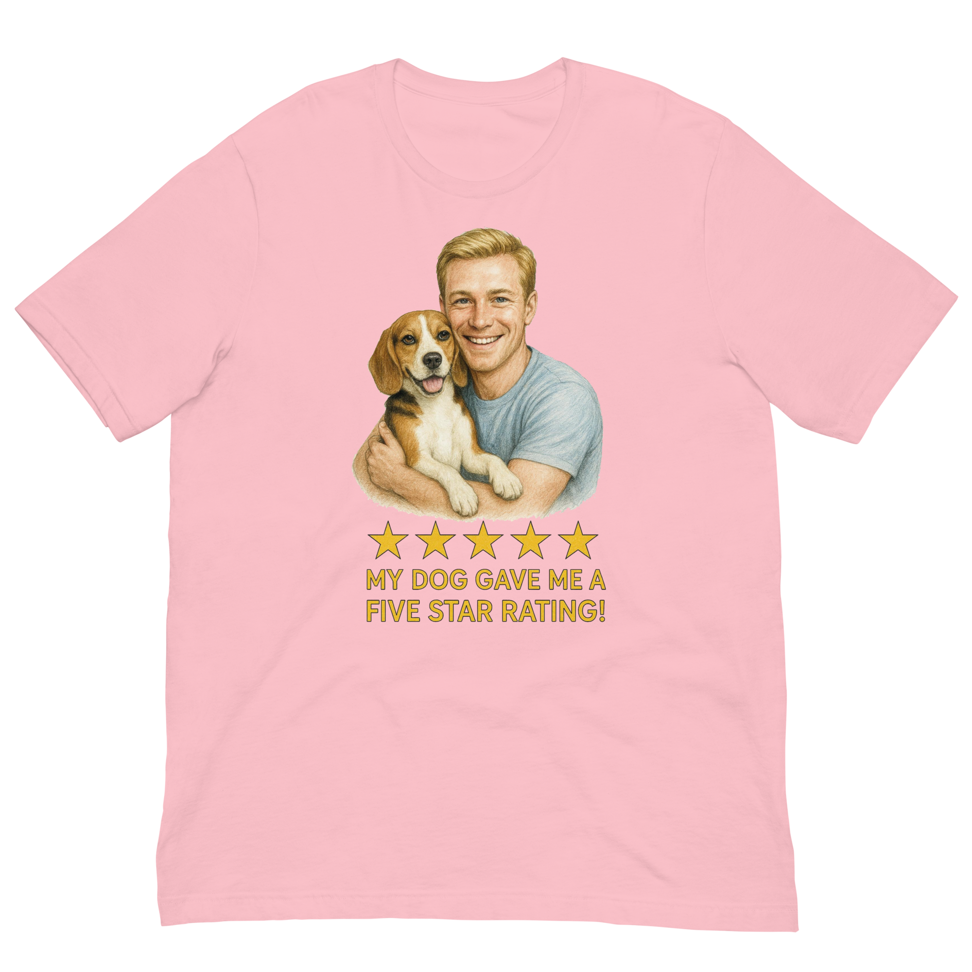 Blonde Man with Beagle graphic tee.