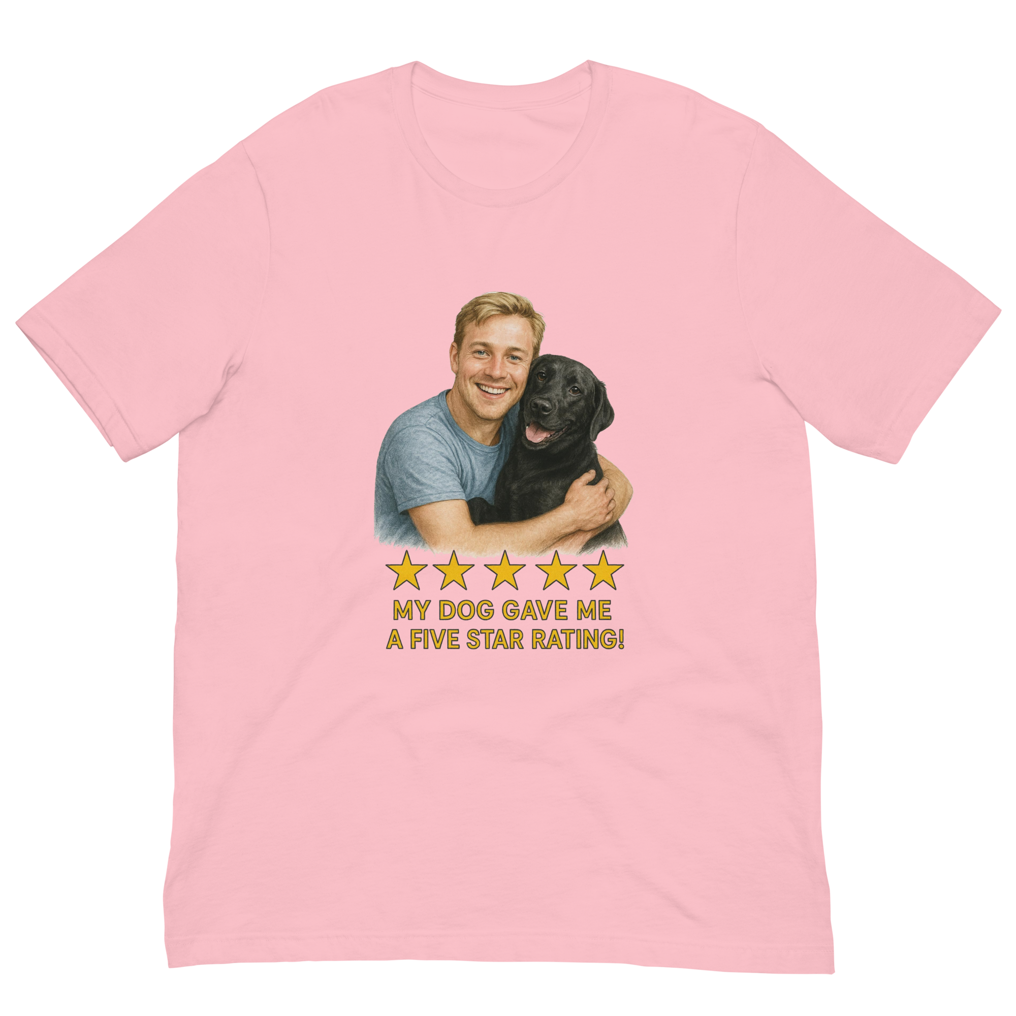 Blonde Man with Black Labrador graphic tee.