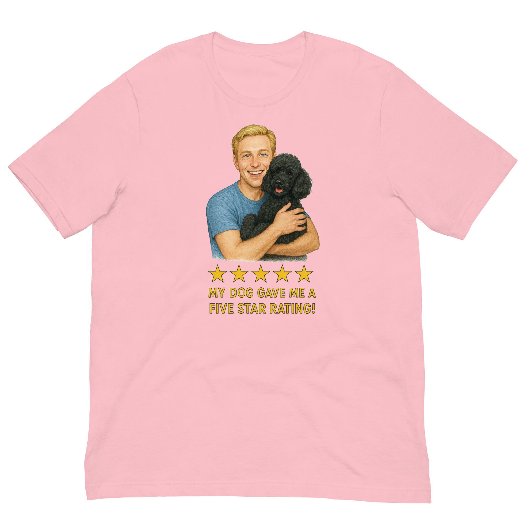 Blonde Man with Black Poodle graphic tee.