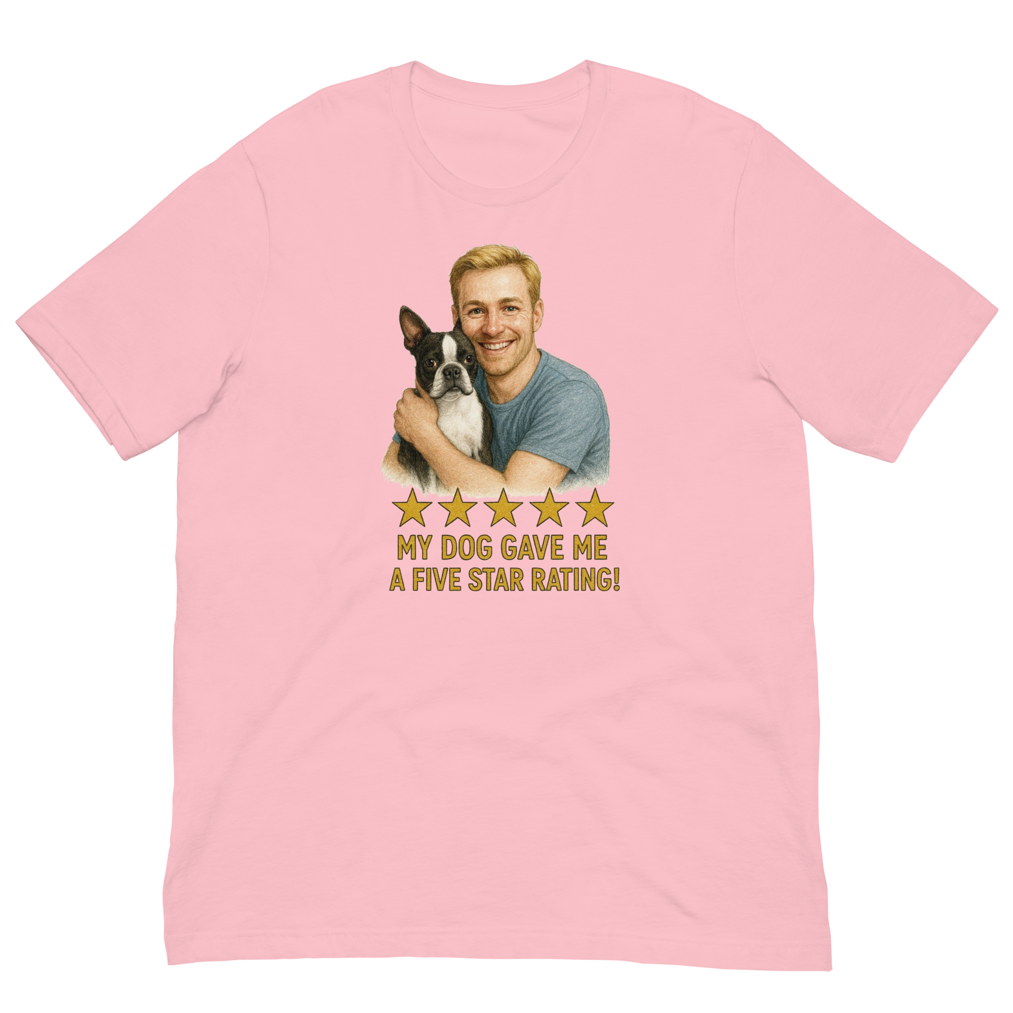 Blonde Man with Boston Terrier graphic tee.
